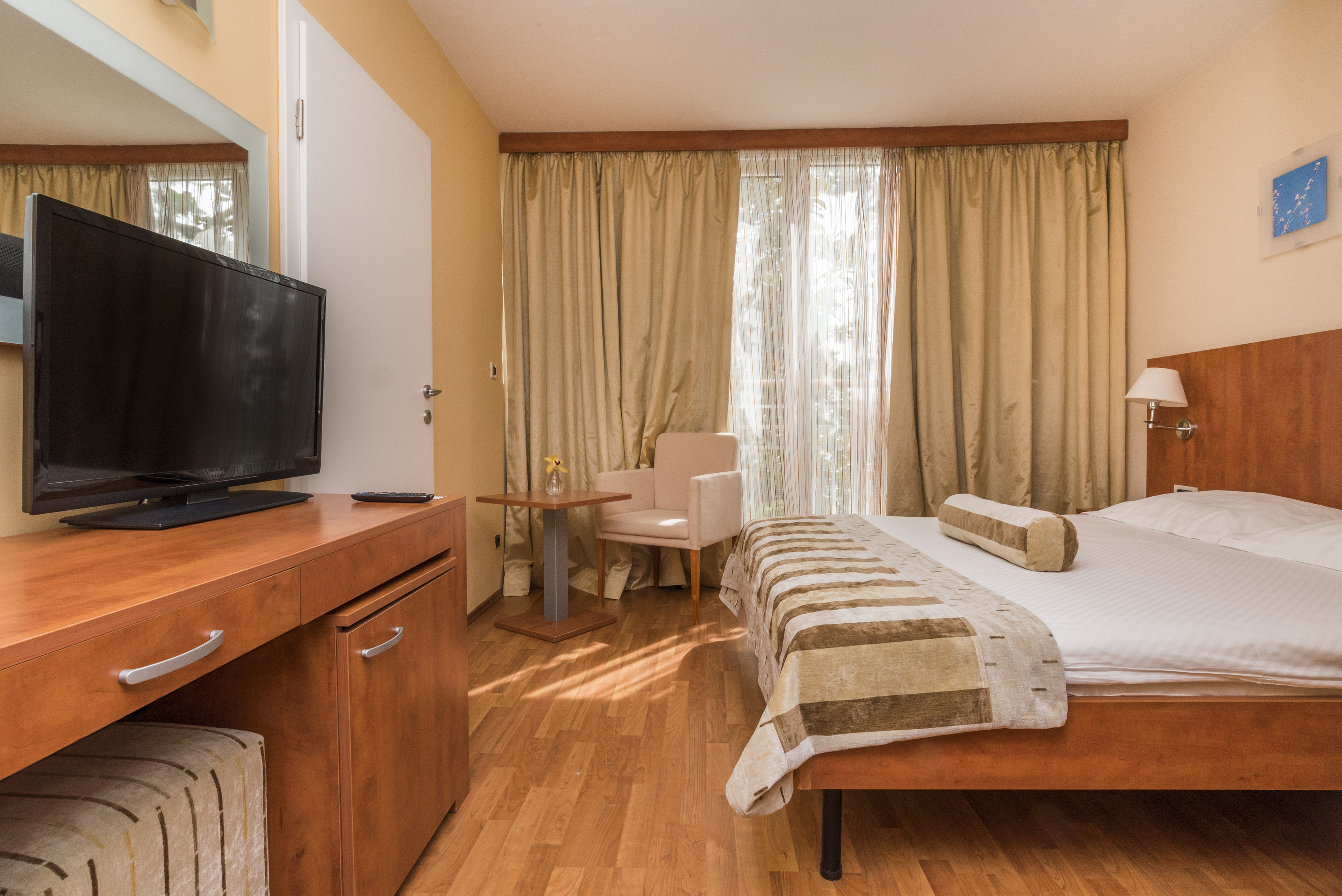 a room with a bed and a television