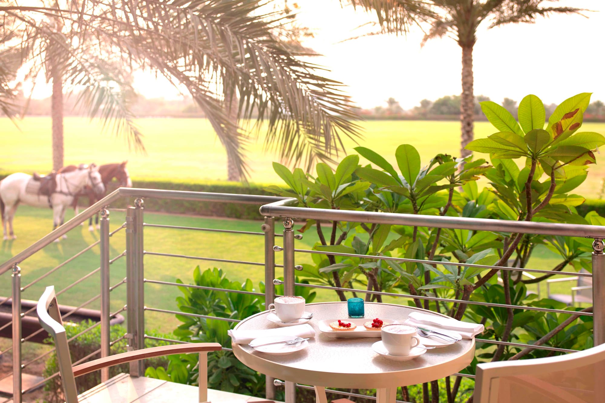 a table with food on it and a table with a horse in the background