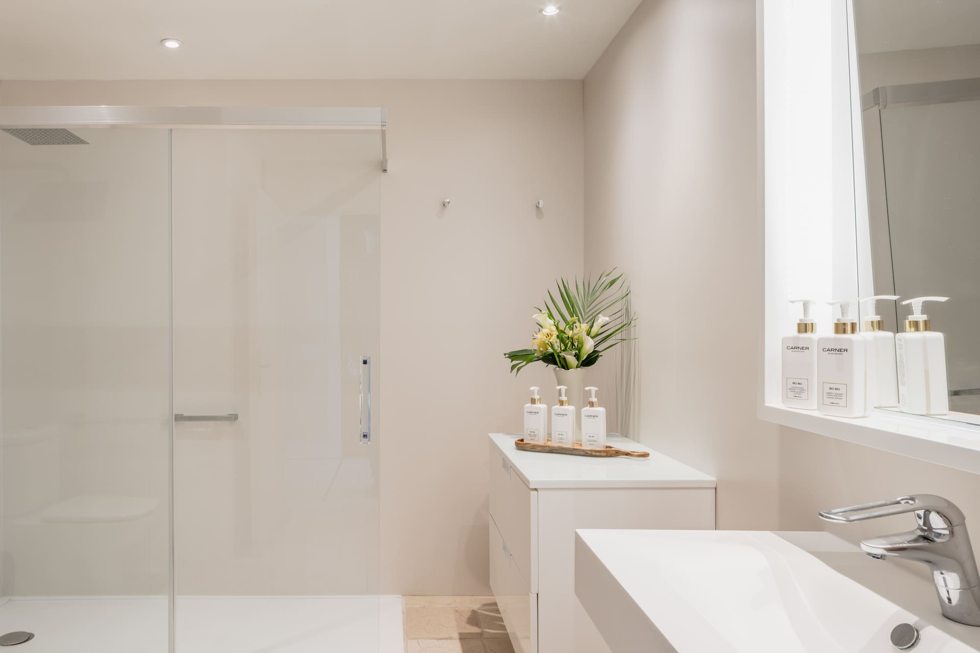 a bathroom with a shower and a sink