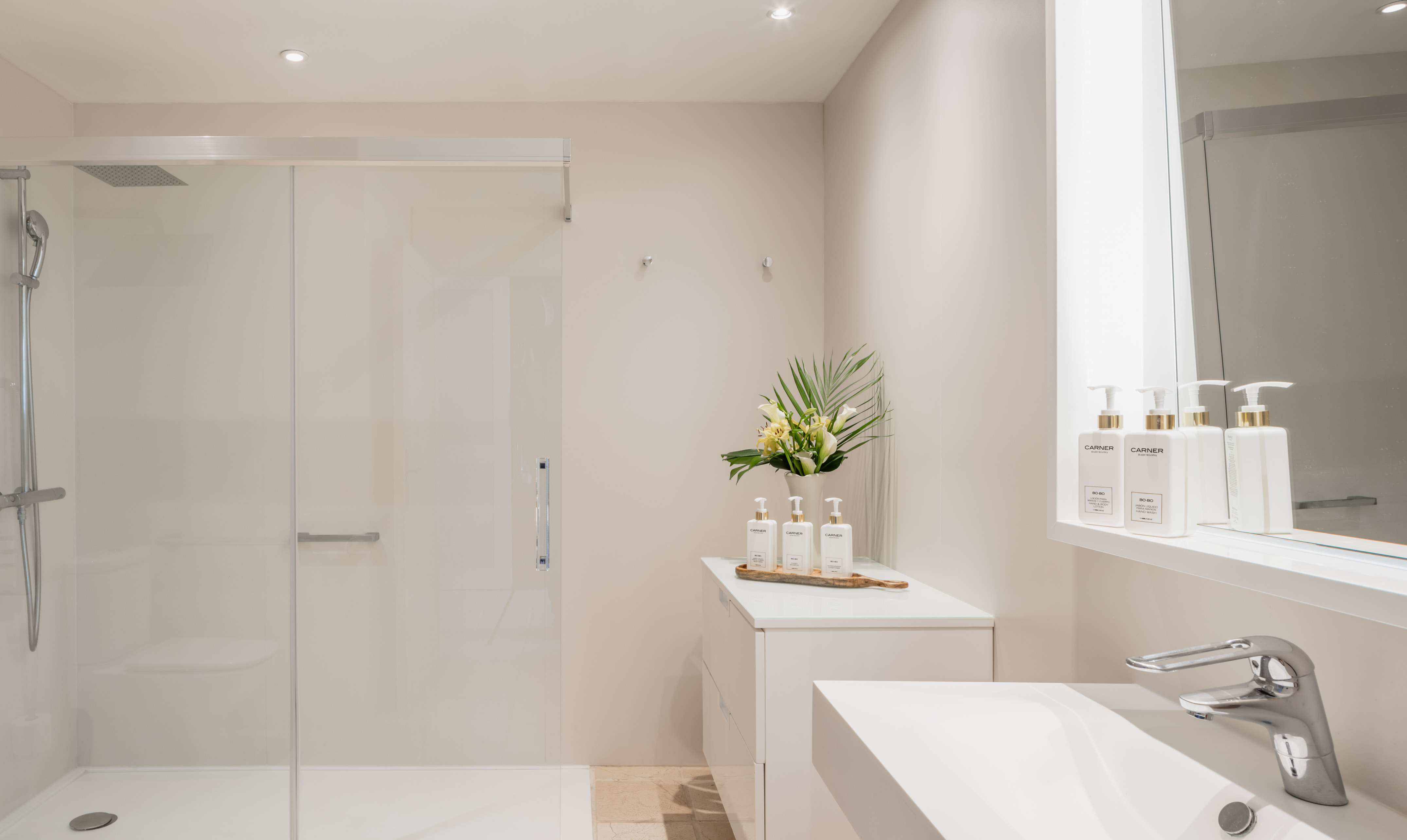 a bathroom with a shower and a sink