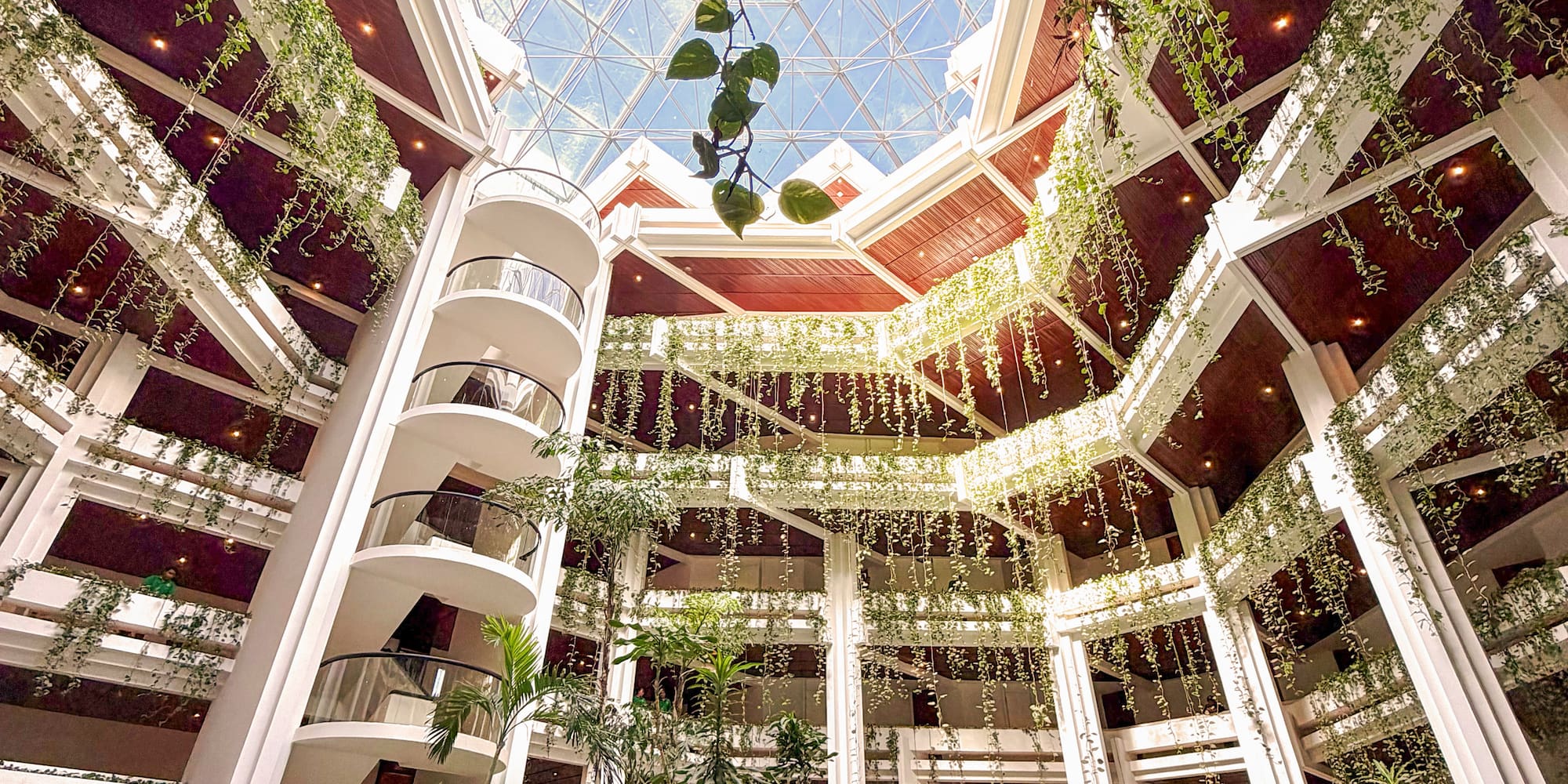 Lush hotel atrium with glass skylight, tropical plants, and indoor water feature.