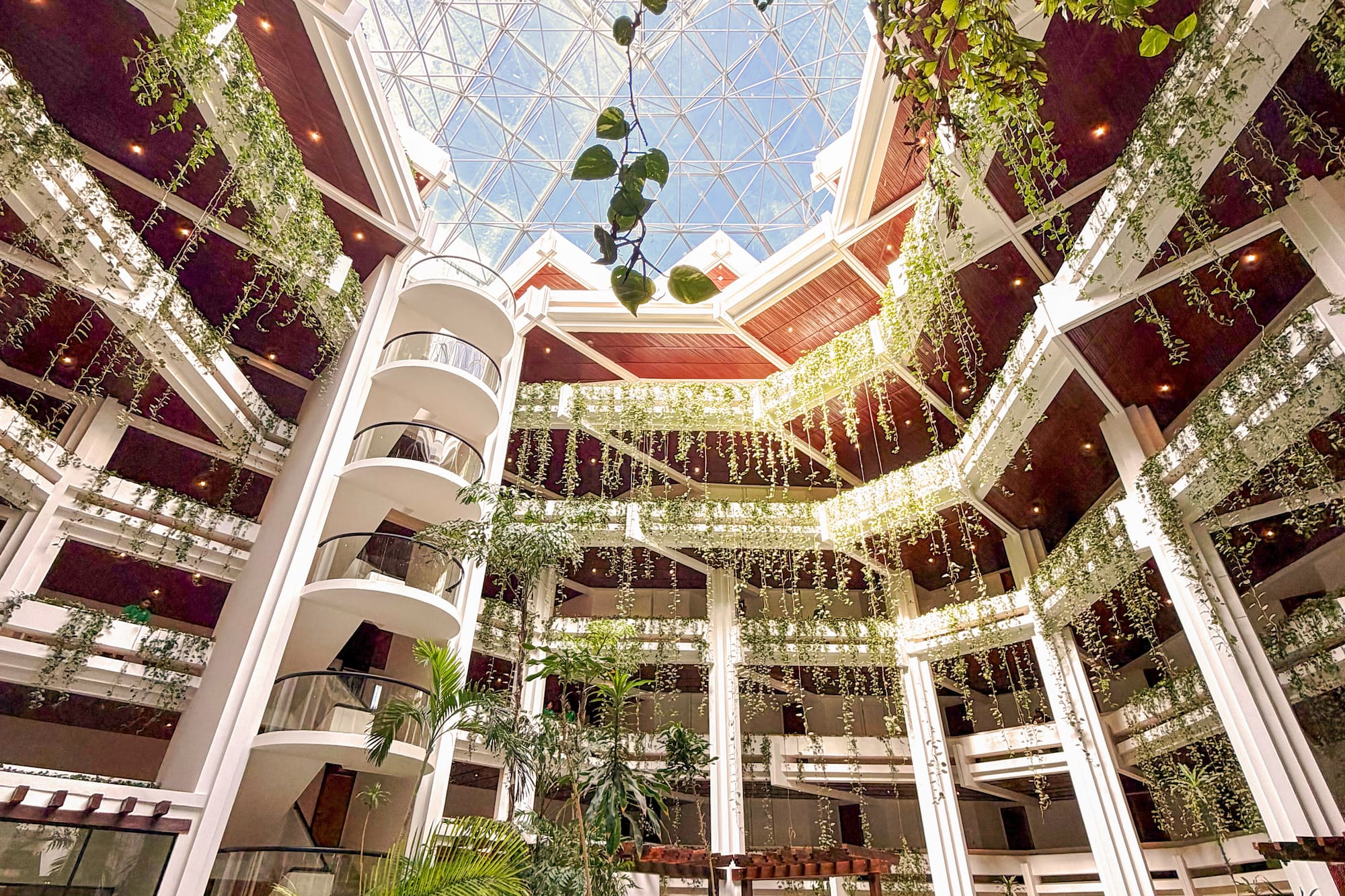 Lush hotel atrium with glass skylight, tropical plants, and indoor water feature.