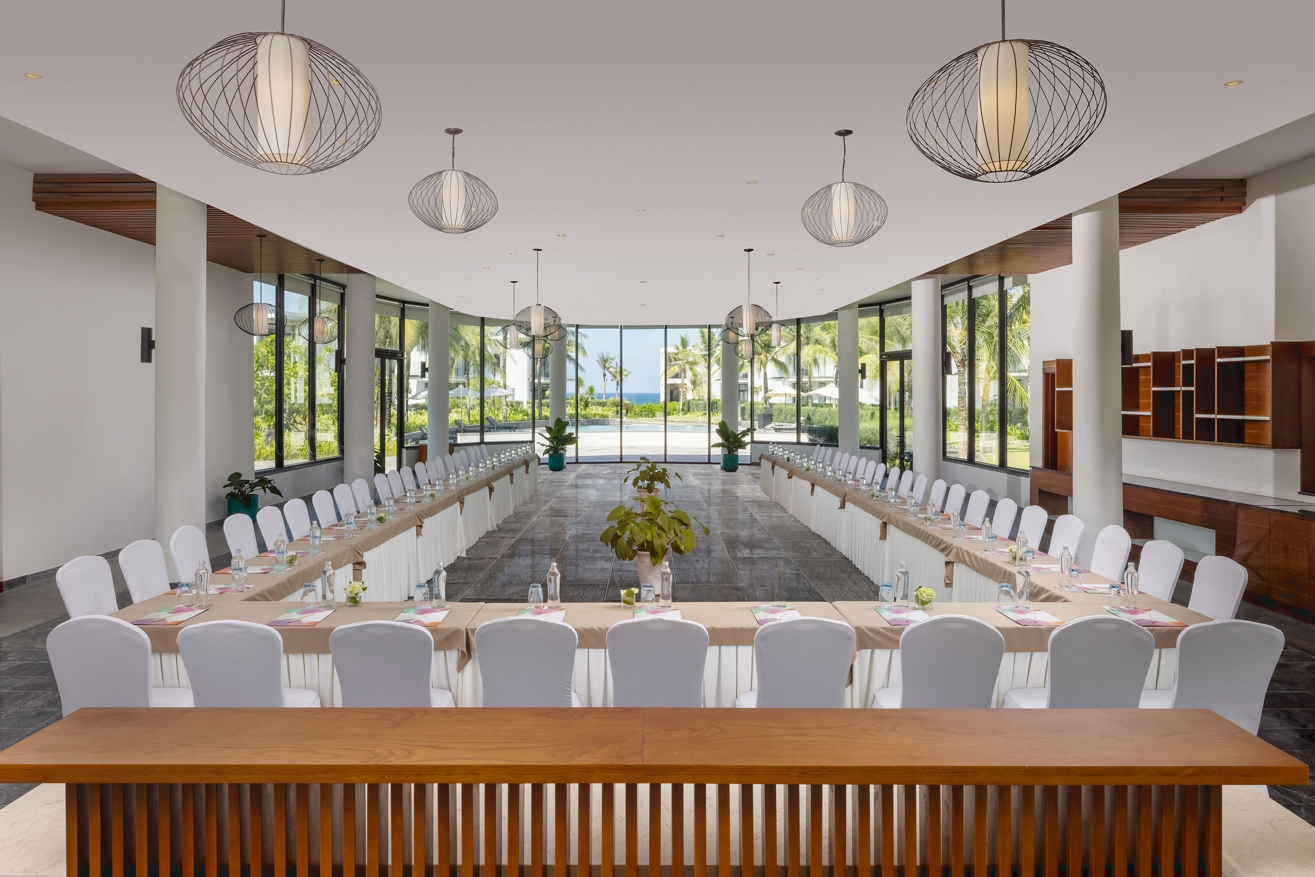 a room with tables and chairs