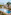 Beach resort pool, palm trees, straw umbrellas, and sandy ocean beach.