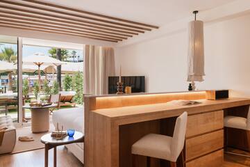 a room with a bed and a table