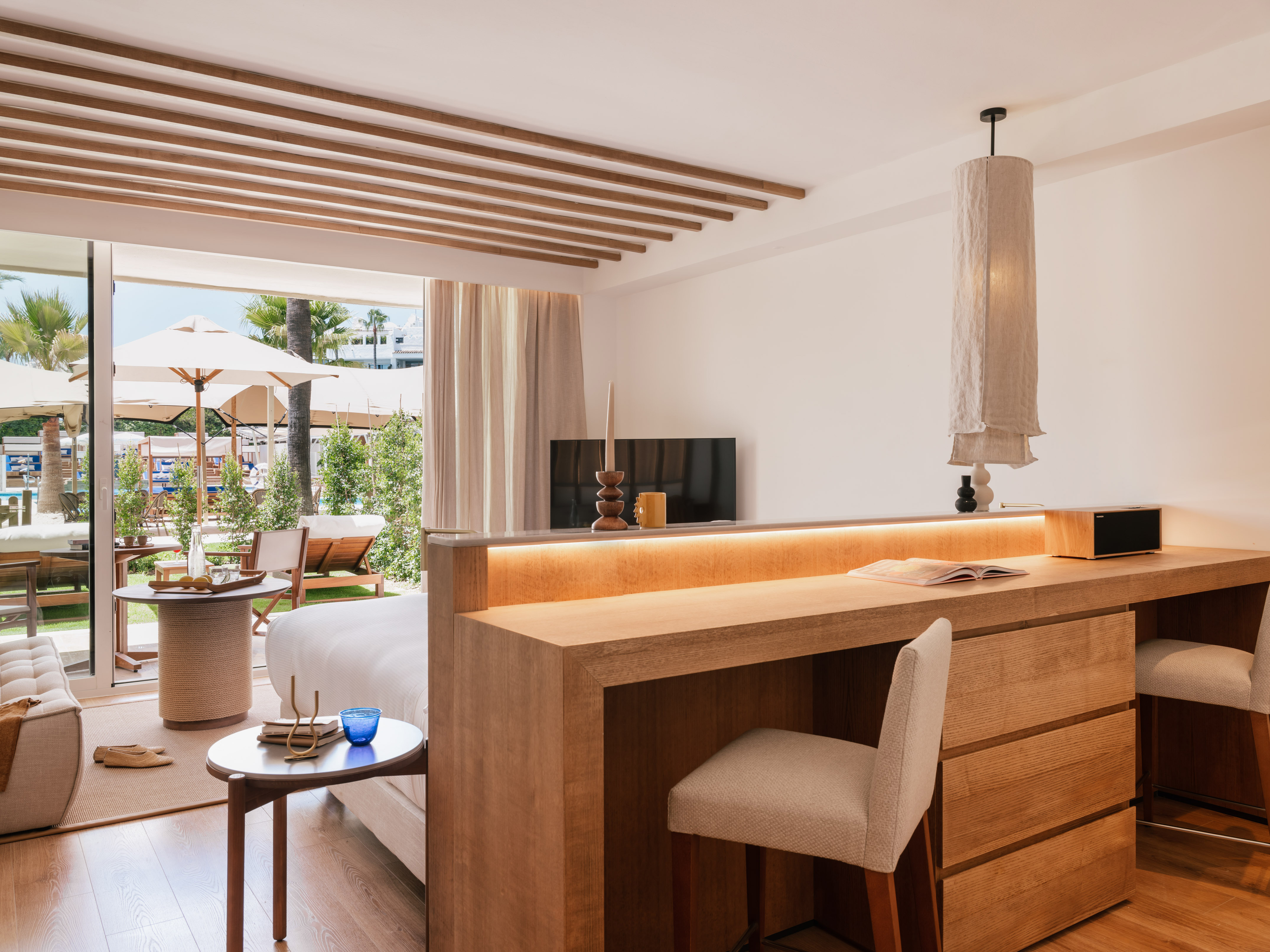 a room with a bed and a table