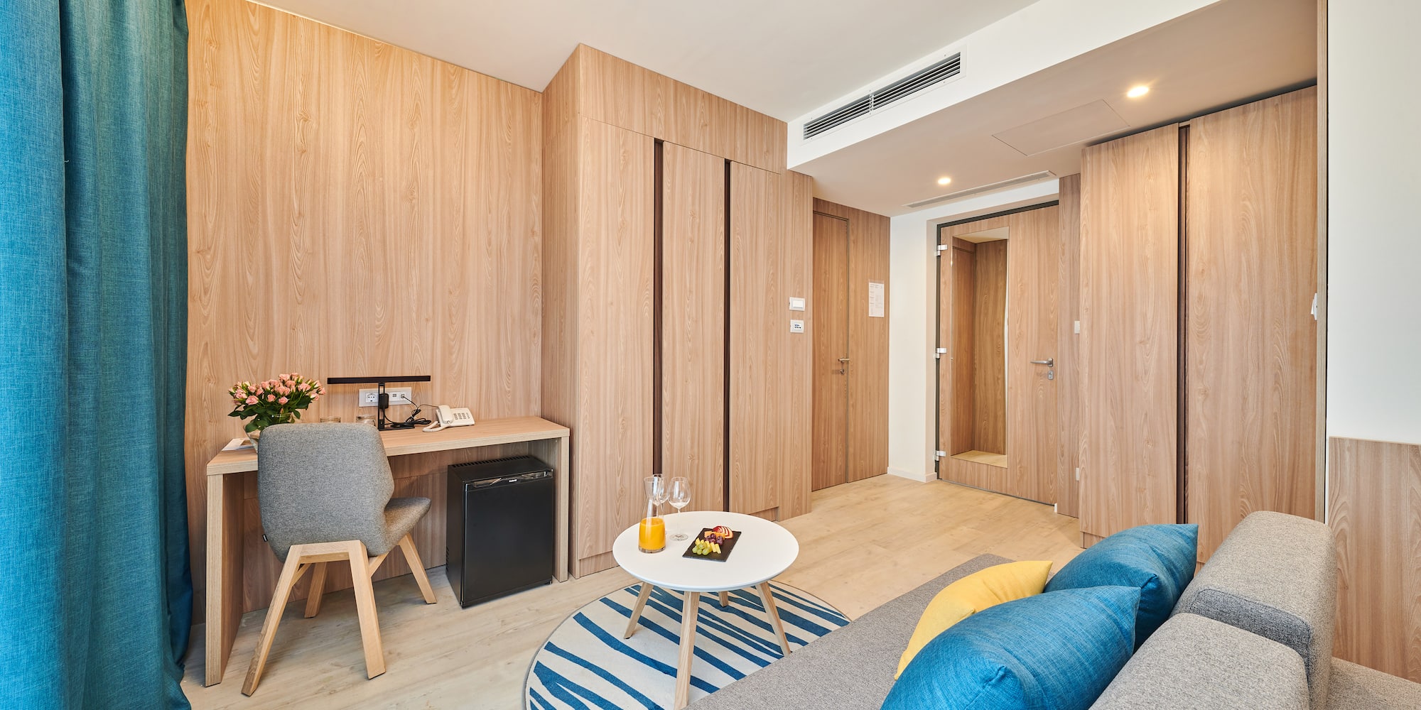 a room with a couch and a table