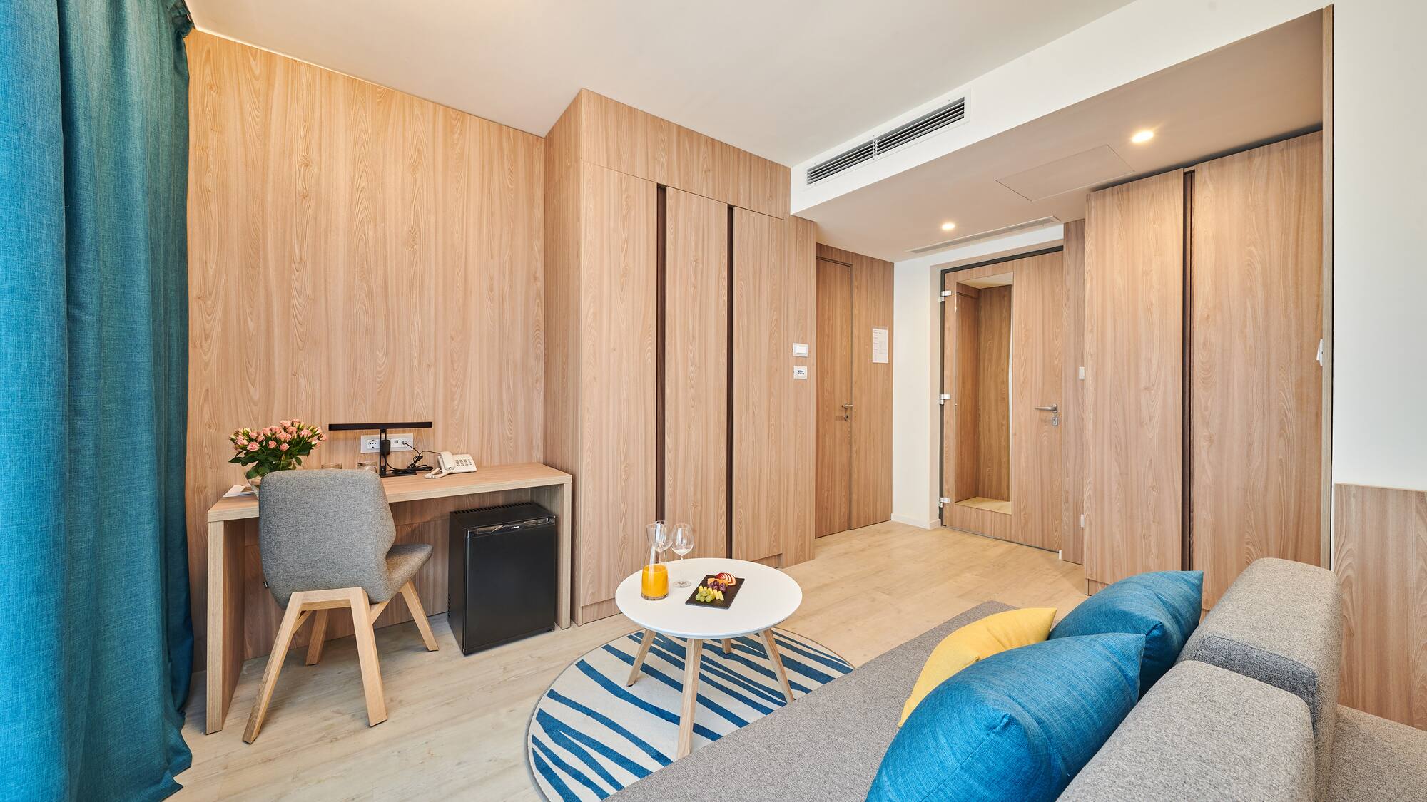 a room with a couch and a table