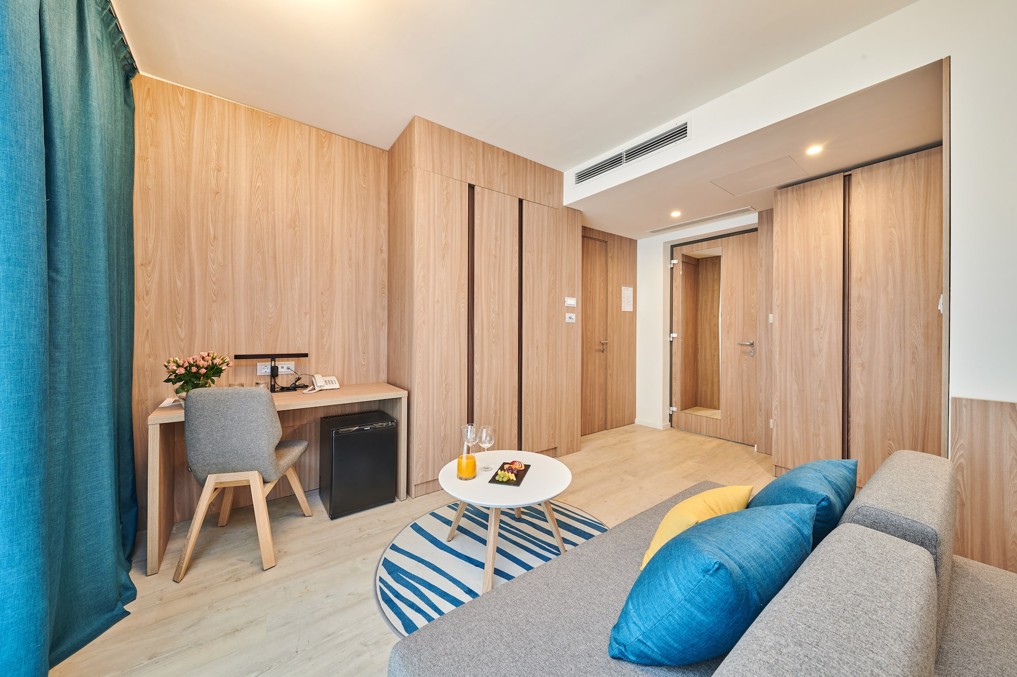 a room with a couch and a table