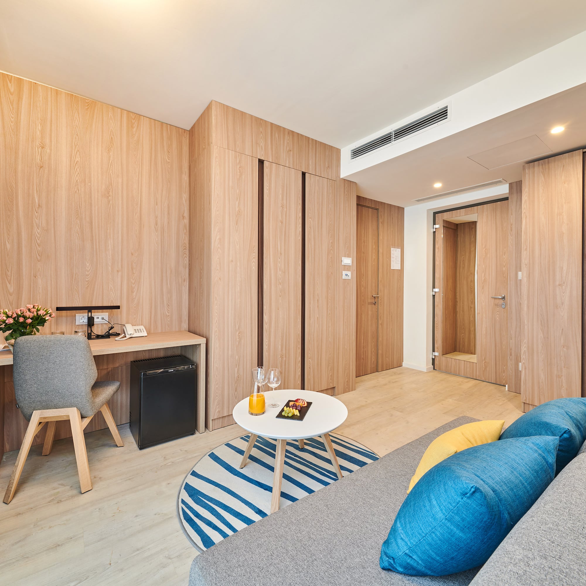 a room with a couch and a table