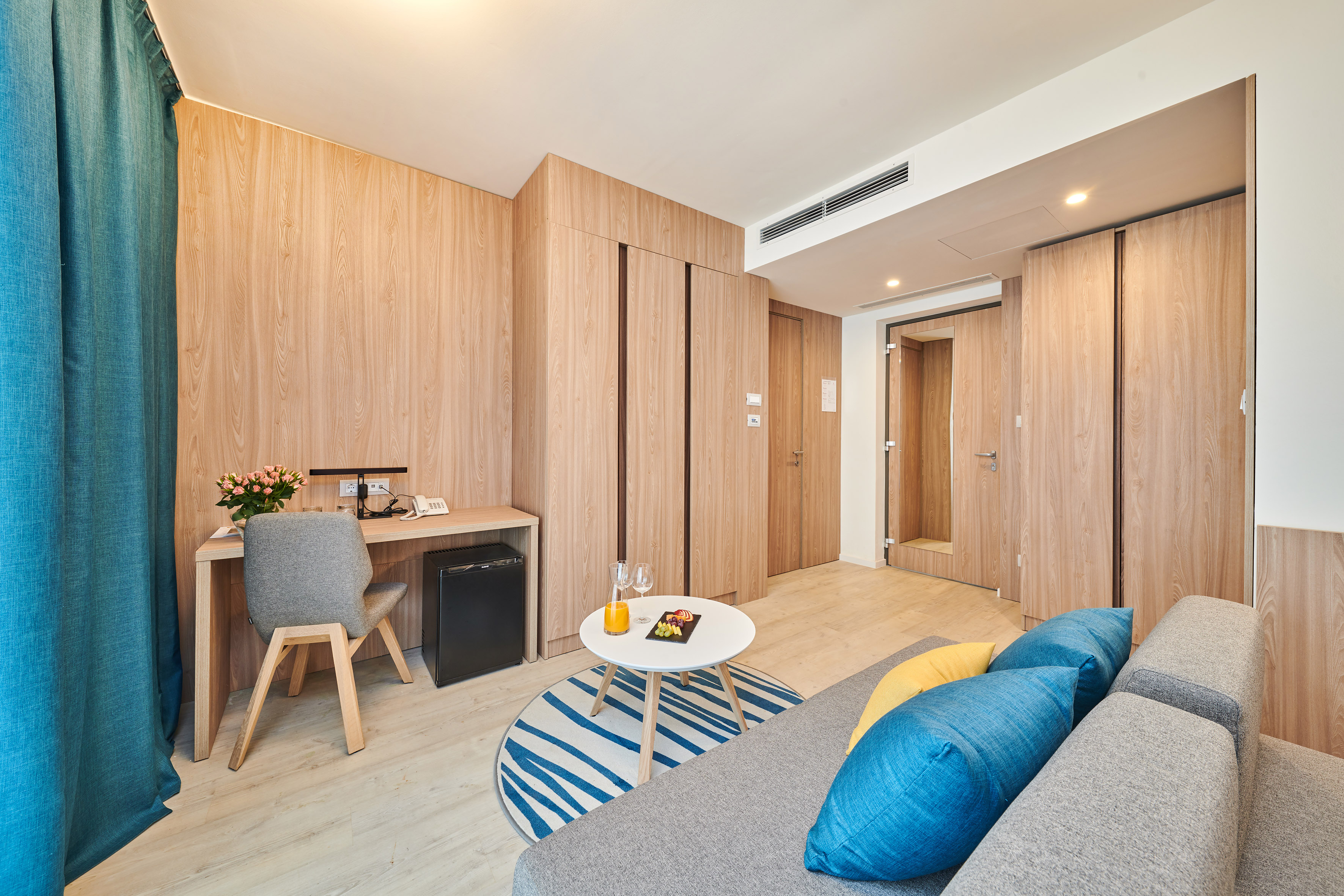 a room with a couch and a table