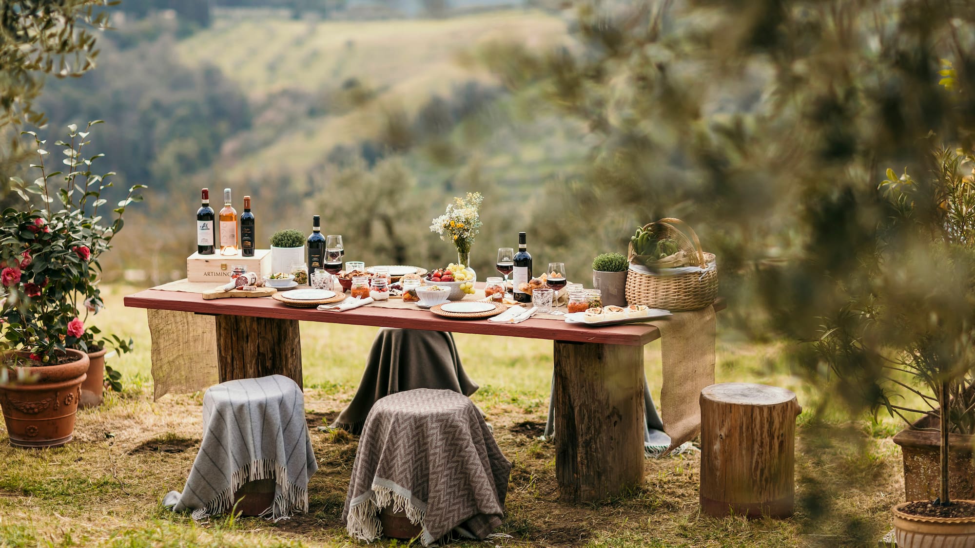 a table with food and drinks on it