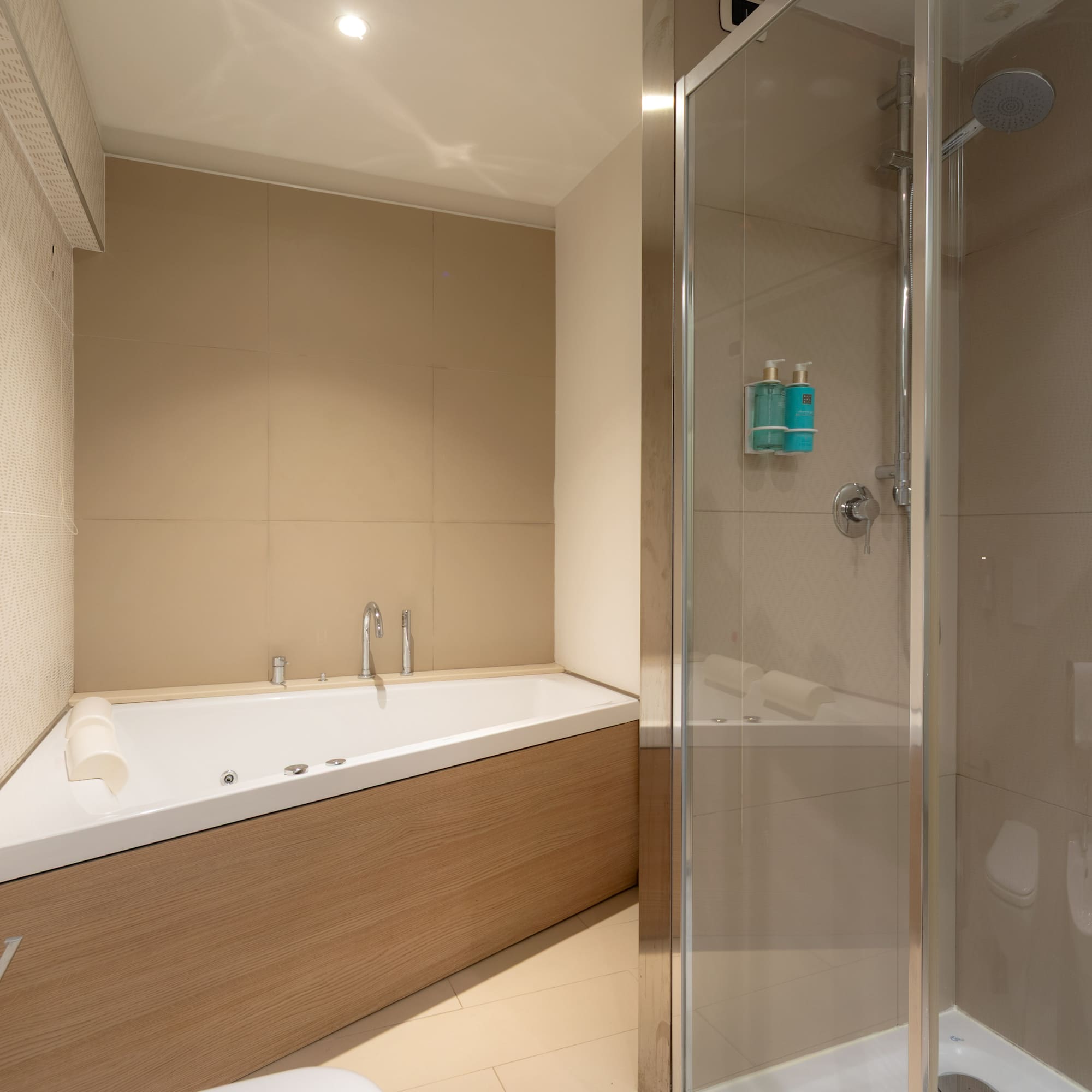 a bathroom with a bathtub and shower