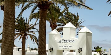 a white sign with a group of palm trees