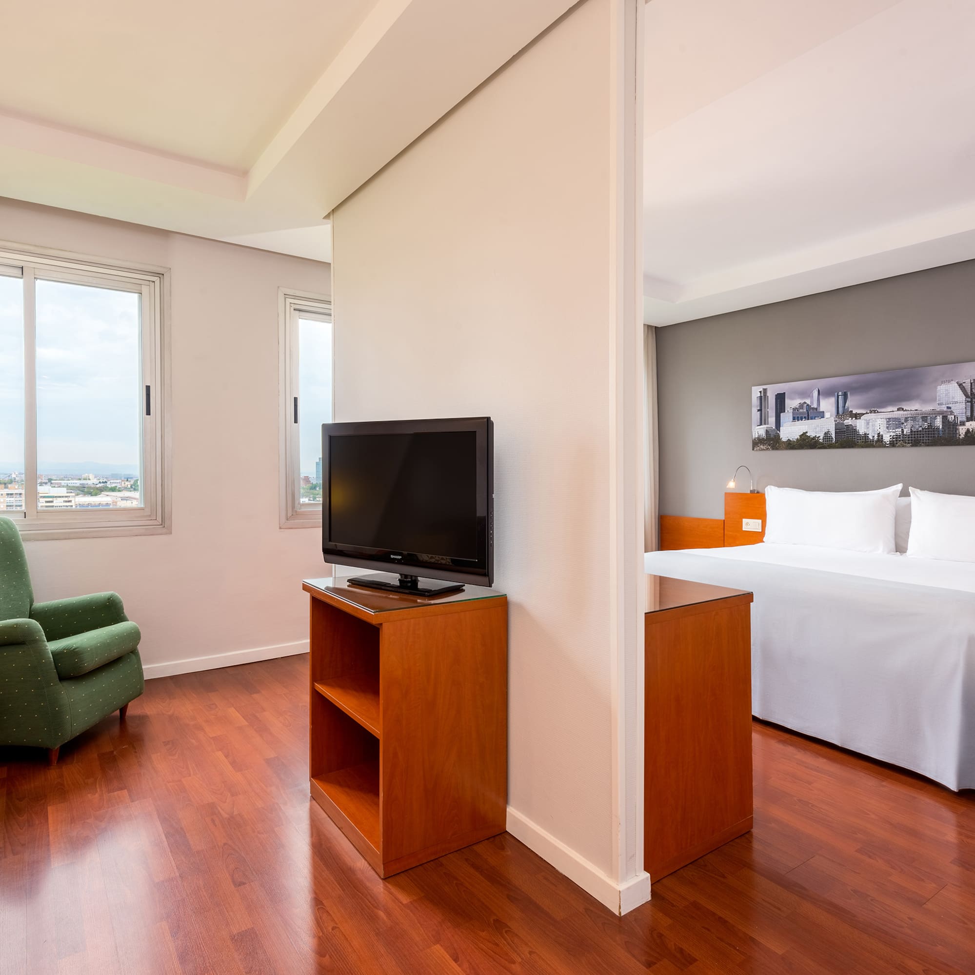 a room with a bed and a tv