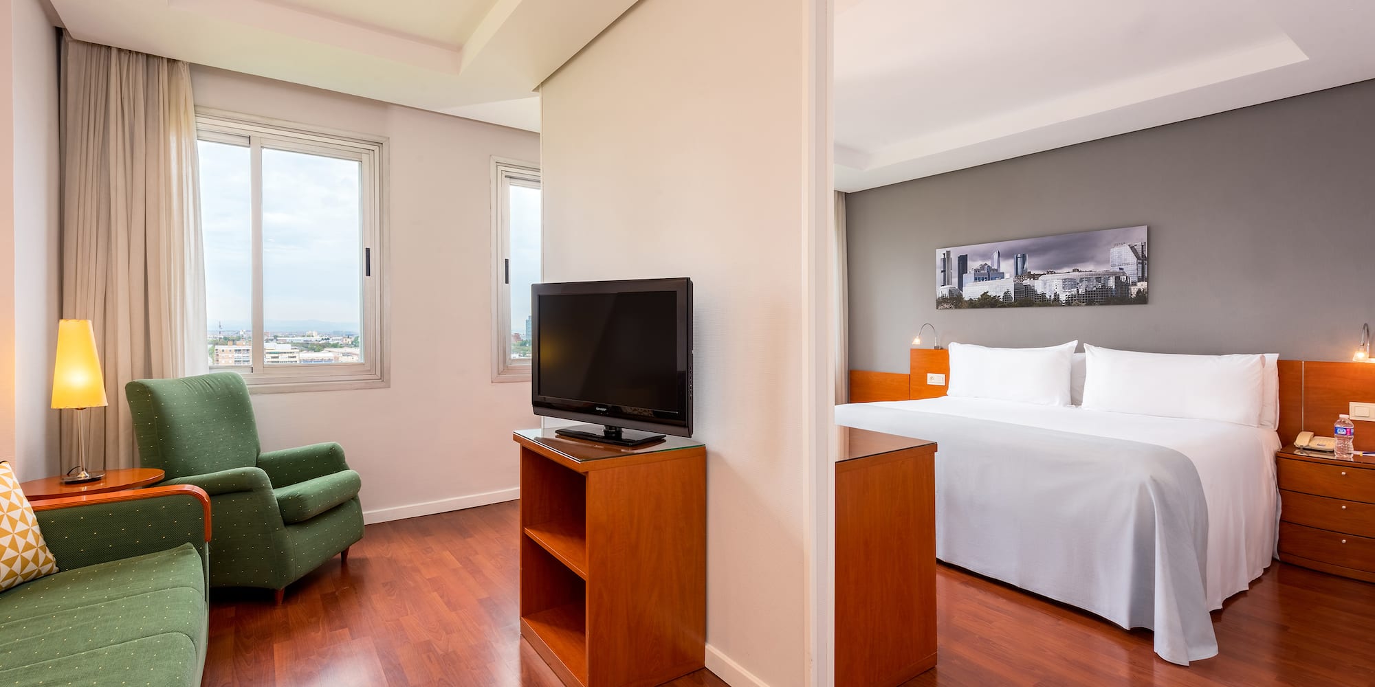 a room with a bed and a tv