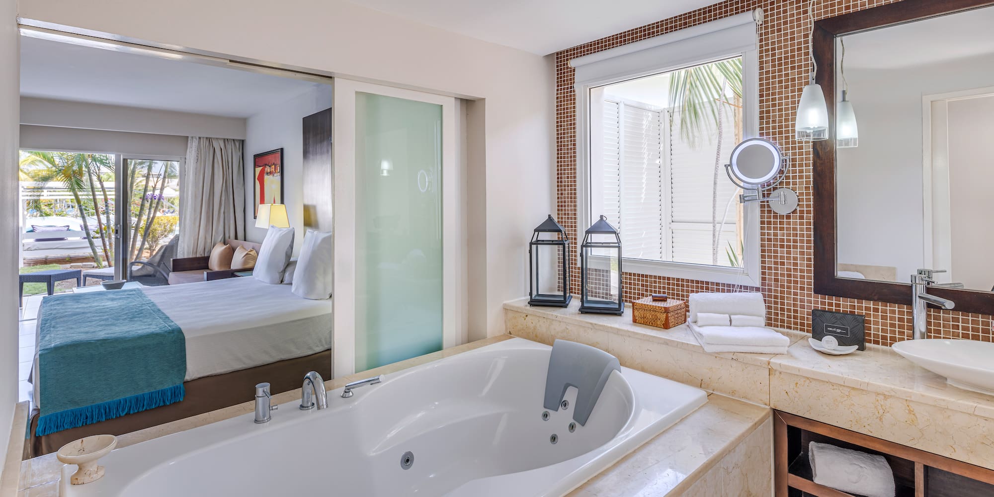 a bathroom with a bathtub and a mirror