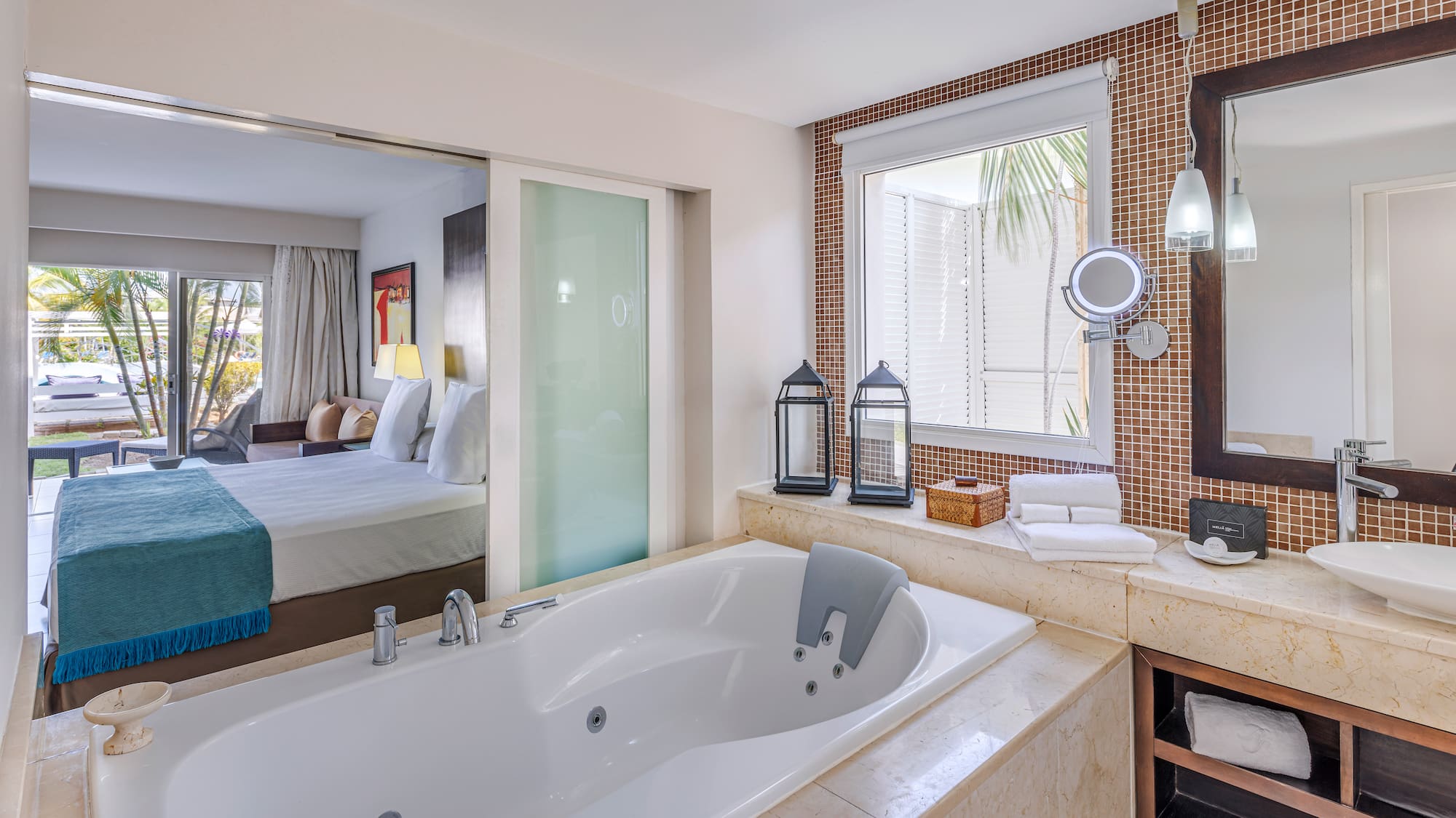 a bathroom with a bathtub and a mirror