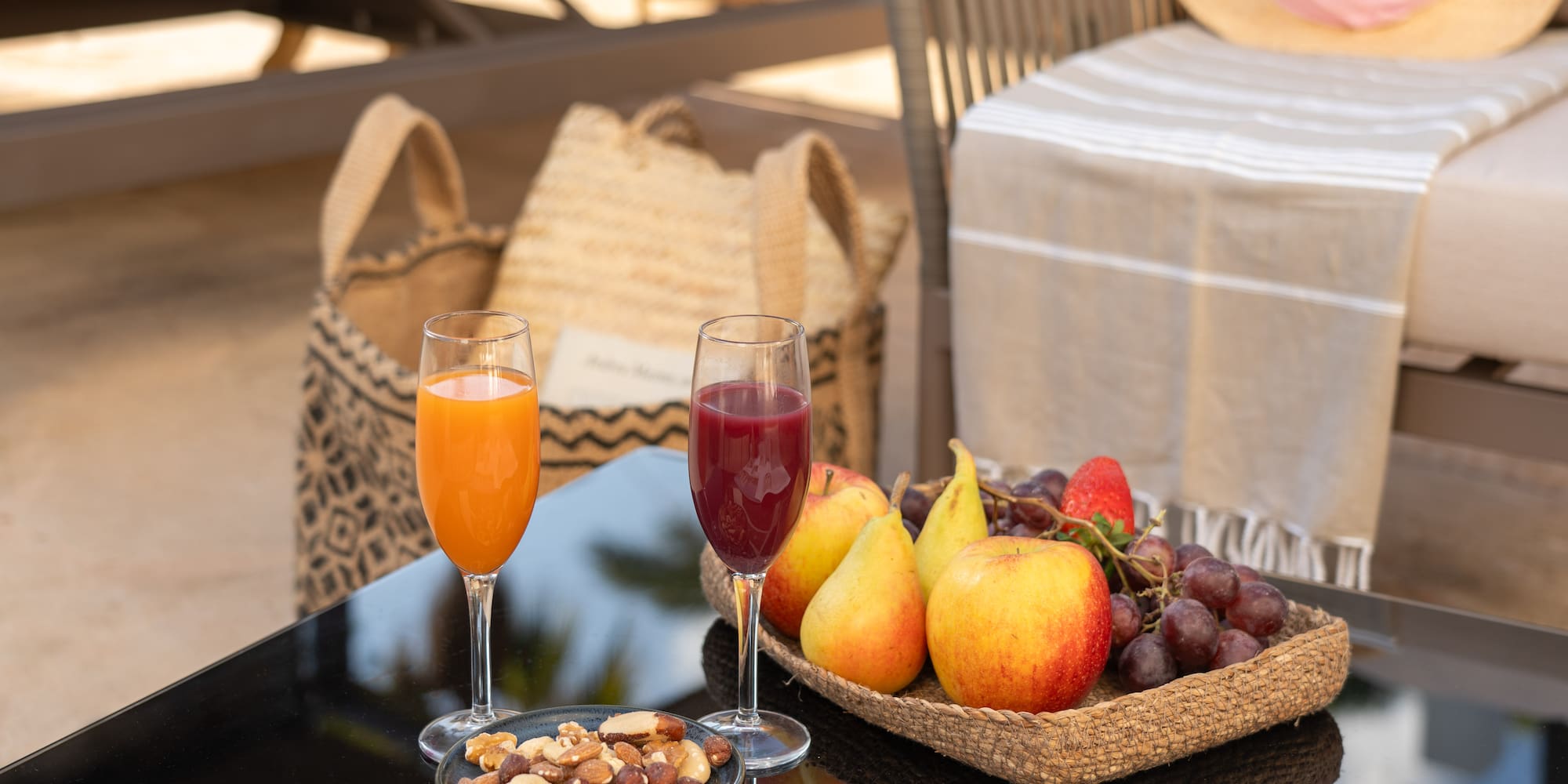 a fruit and juice on a table