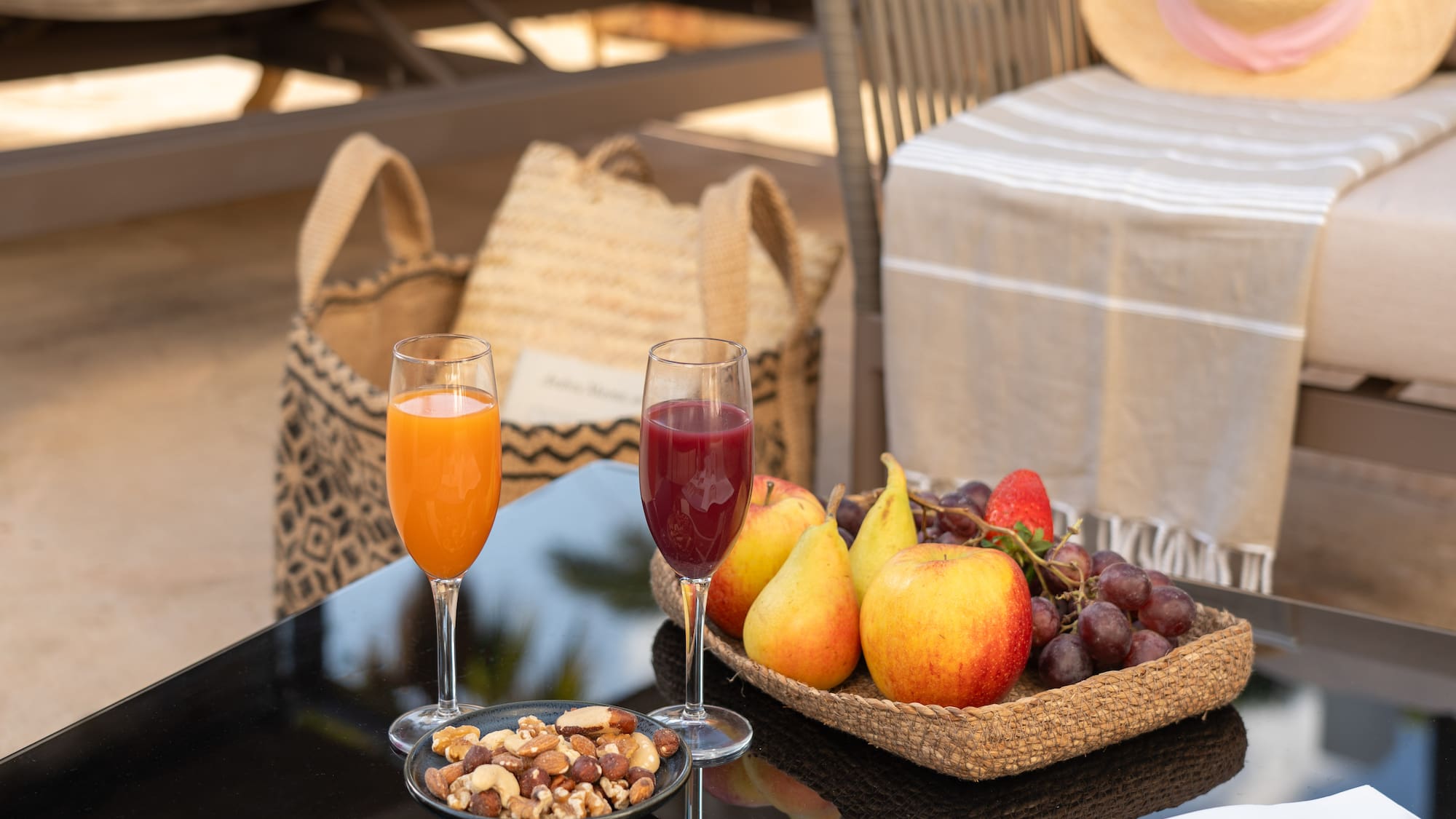 a fruit and juice on a table