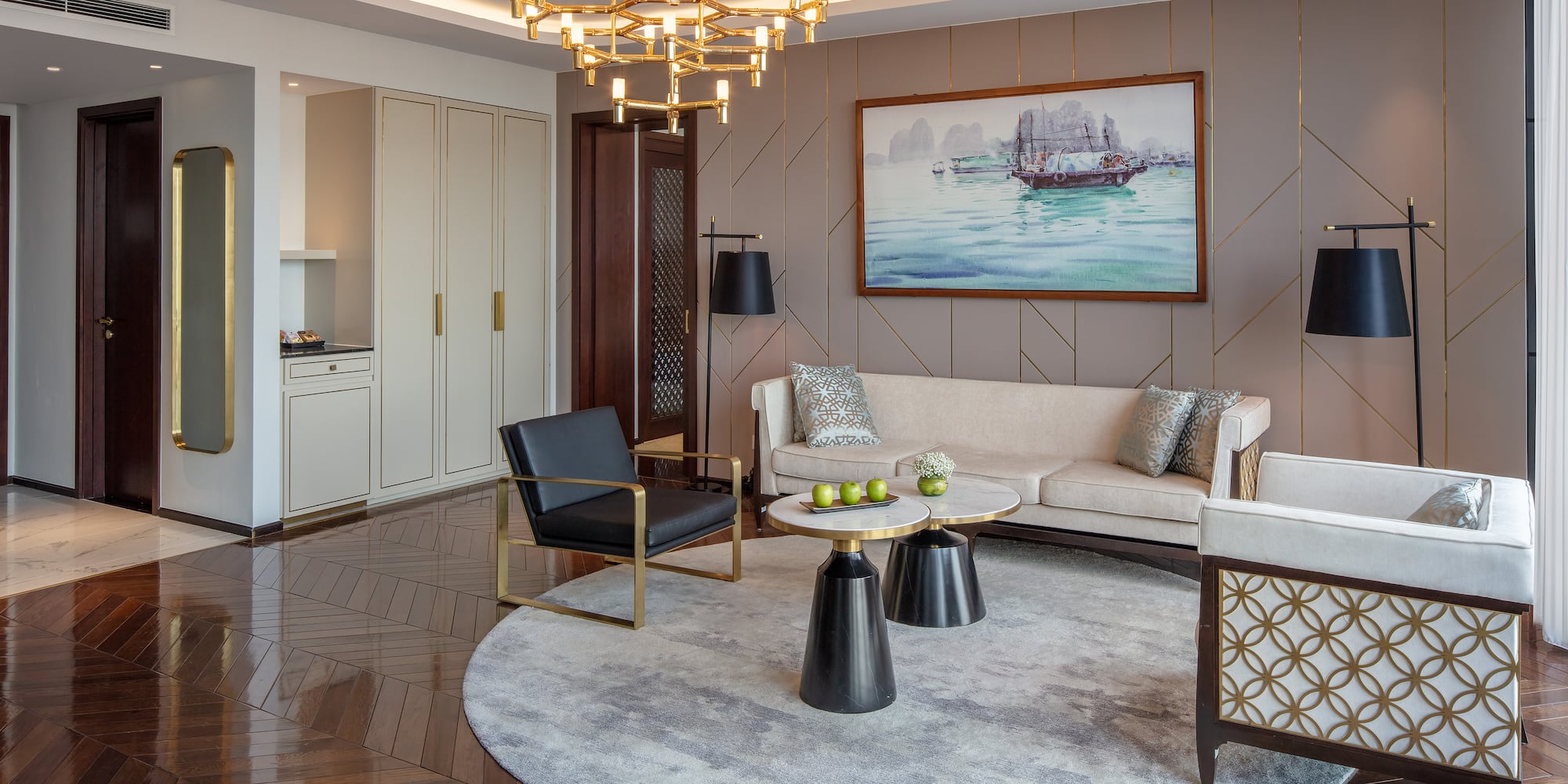 a living room with a couch and a table