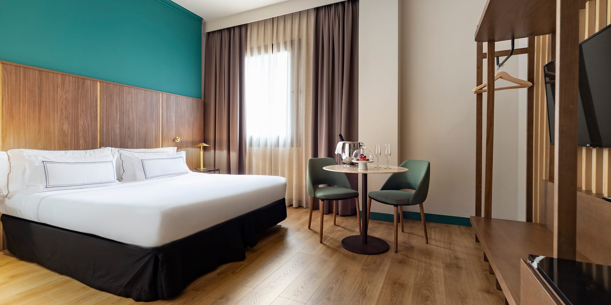 a room with a bed and a table