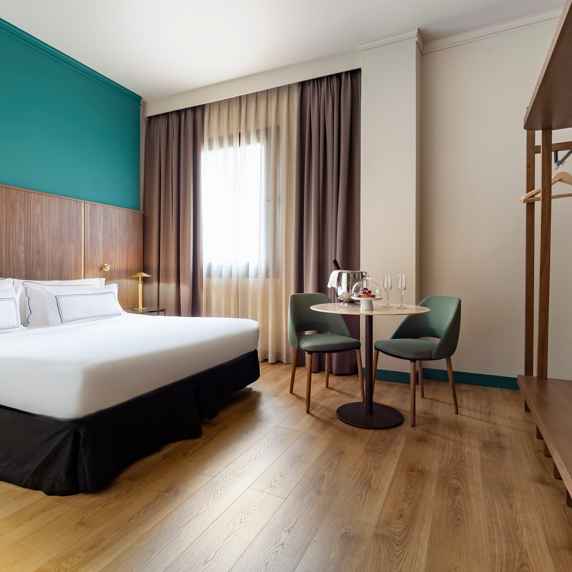 a room with a bed and a table