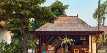 a hut with tables and chairs under a tree