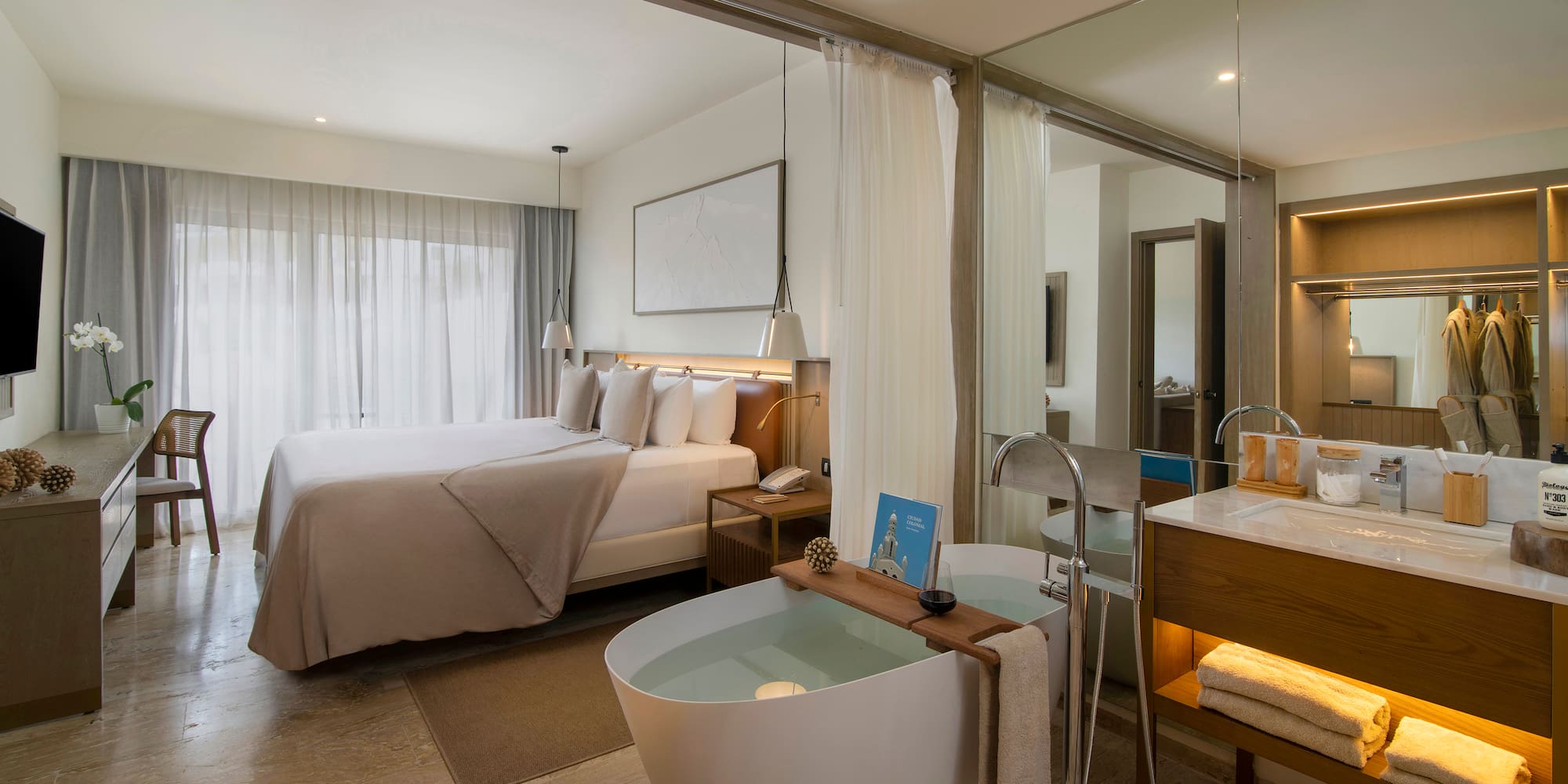 a room with a bed and a bathtub