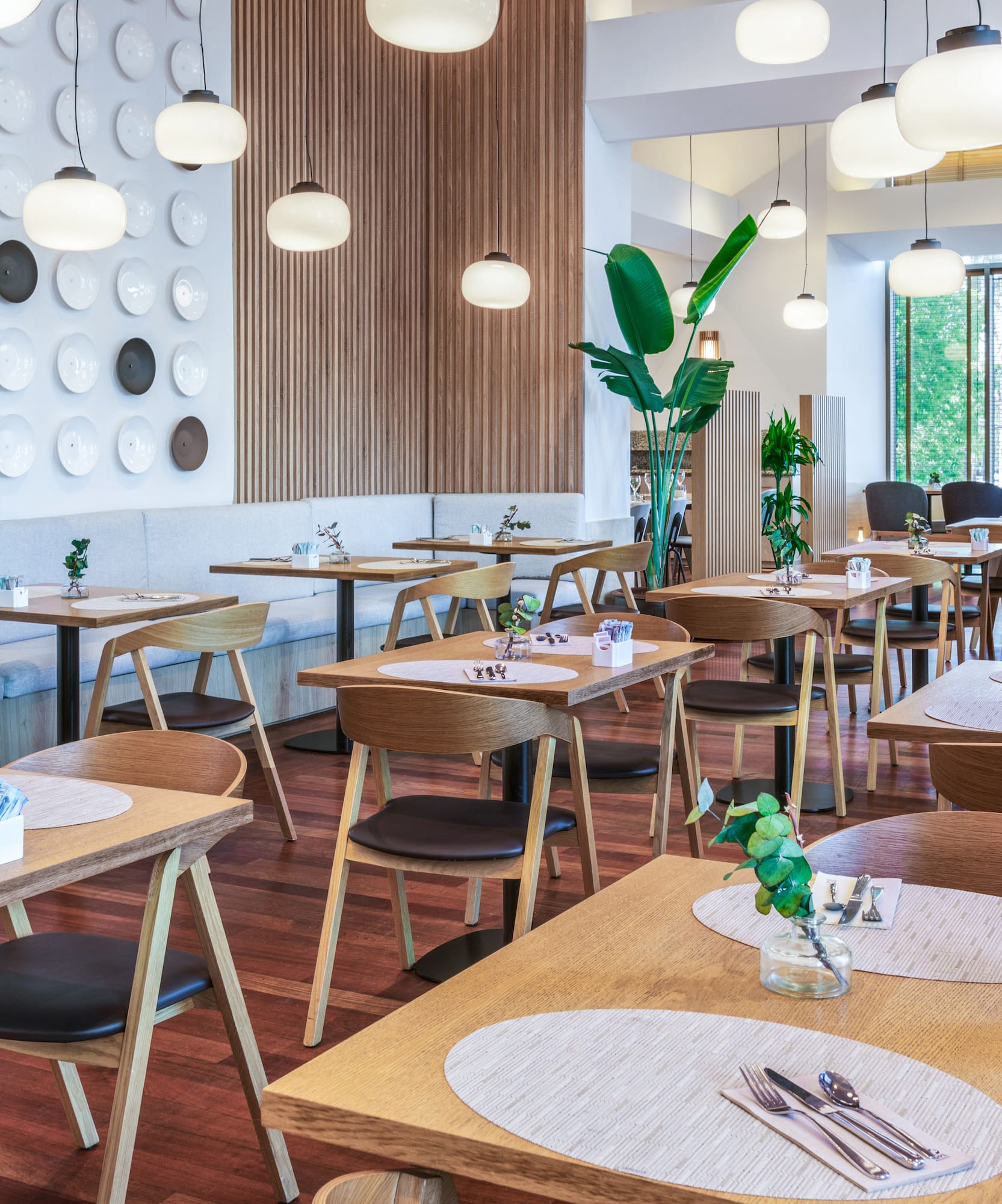 a room with tables and chairs