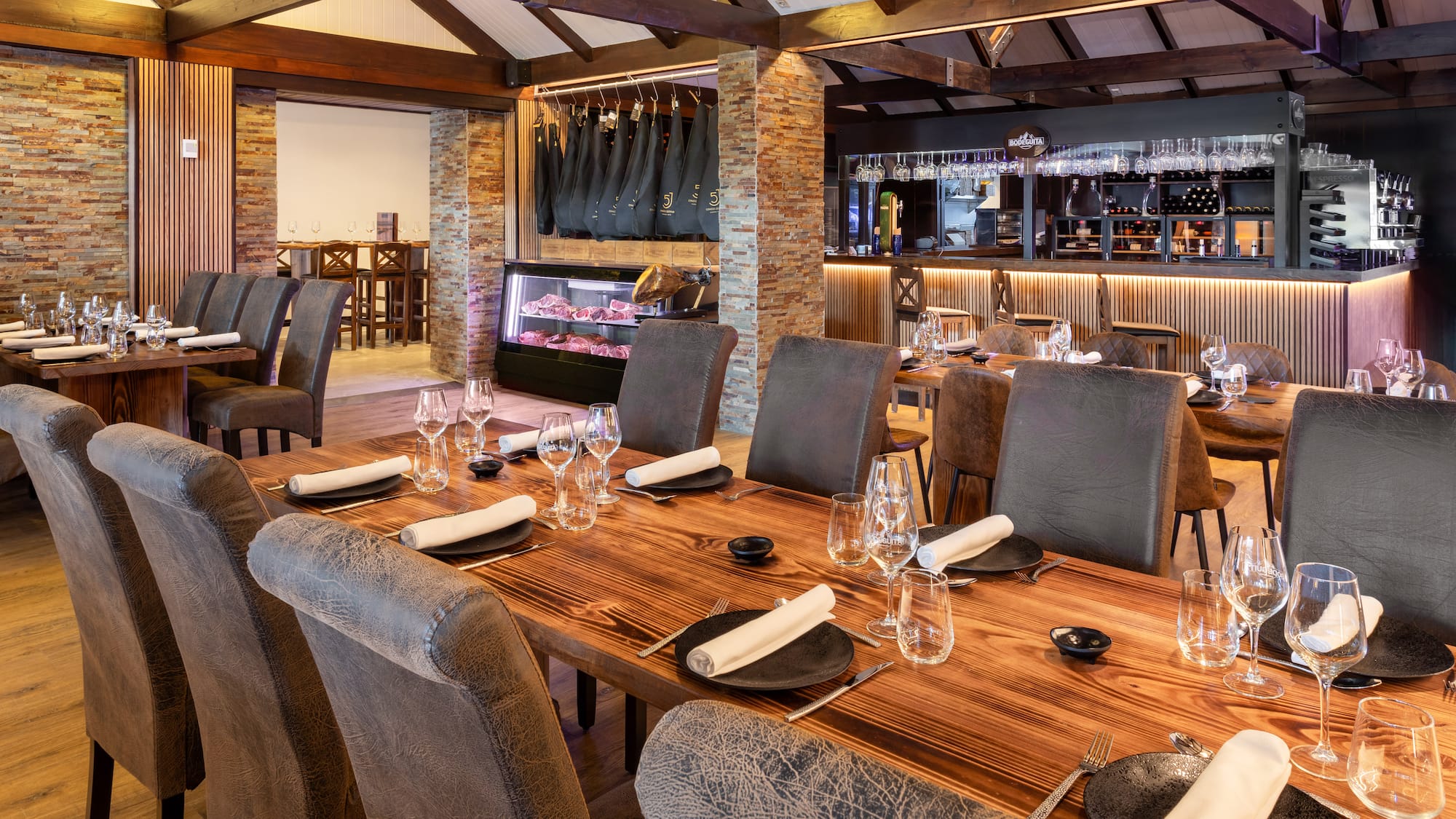 a restaurant with a large table set up