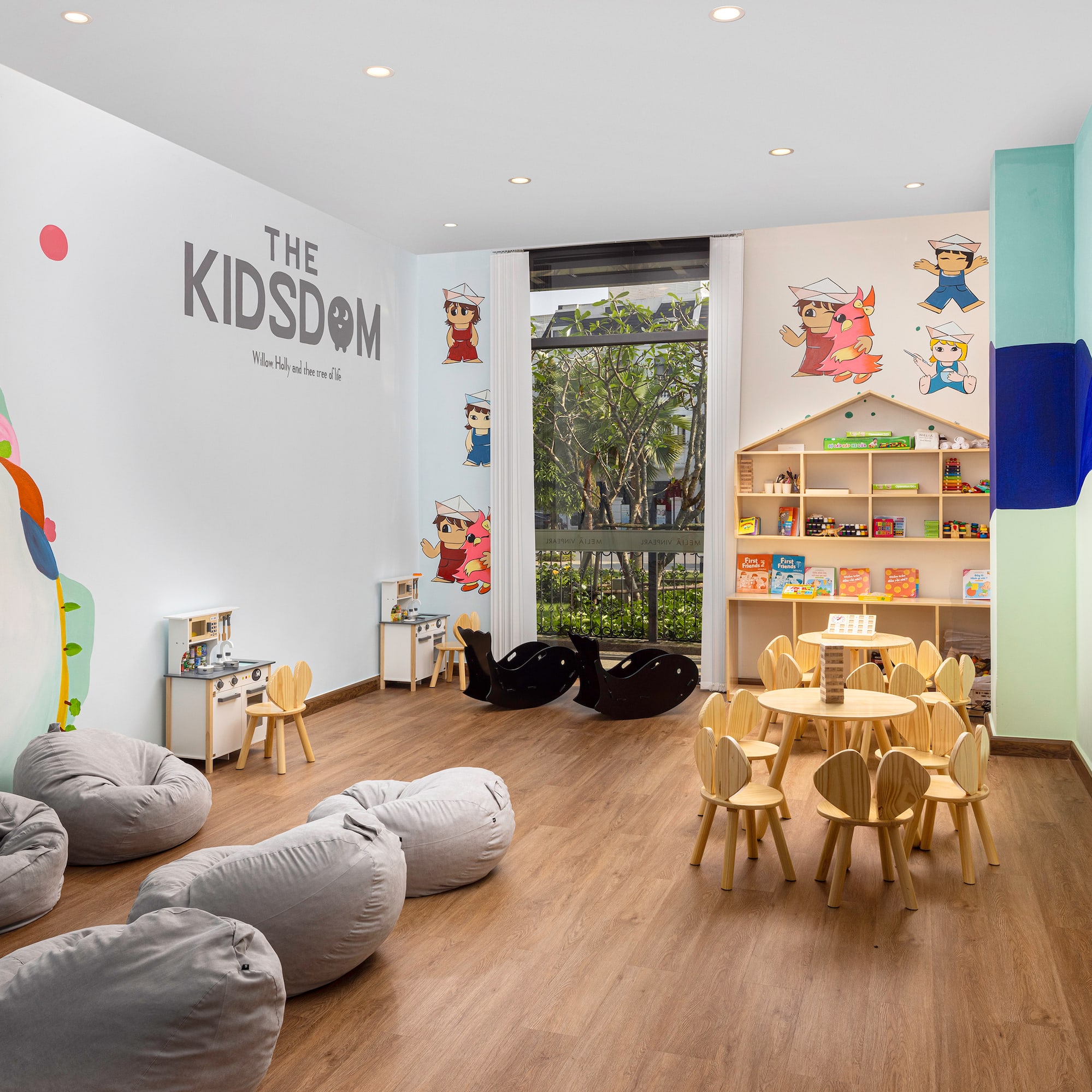 a room with chairs and tables