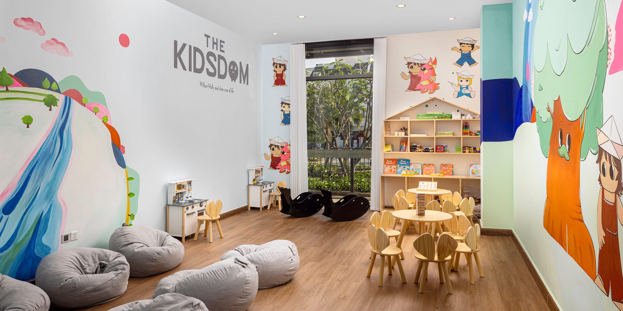 a room with chairs and tables