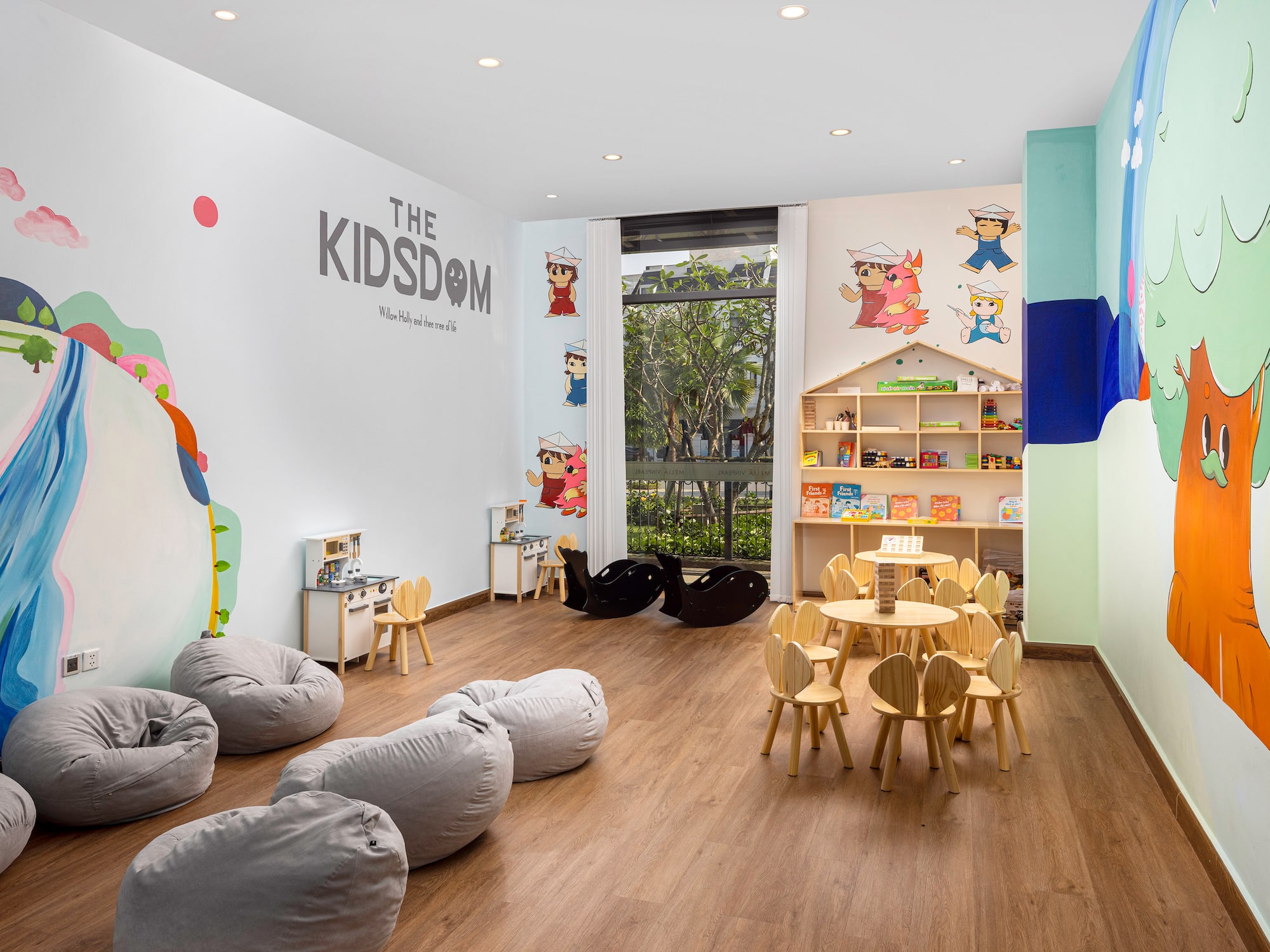 a room with chairs and tables