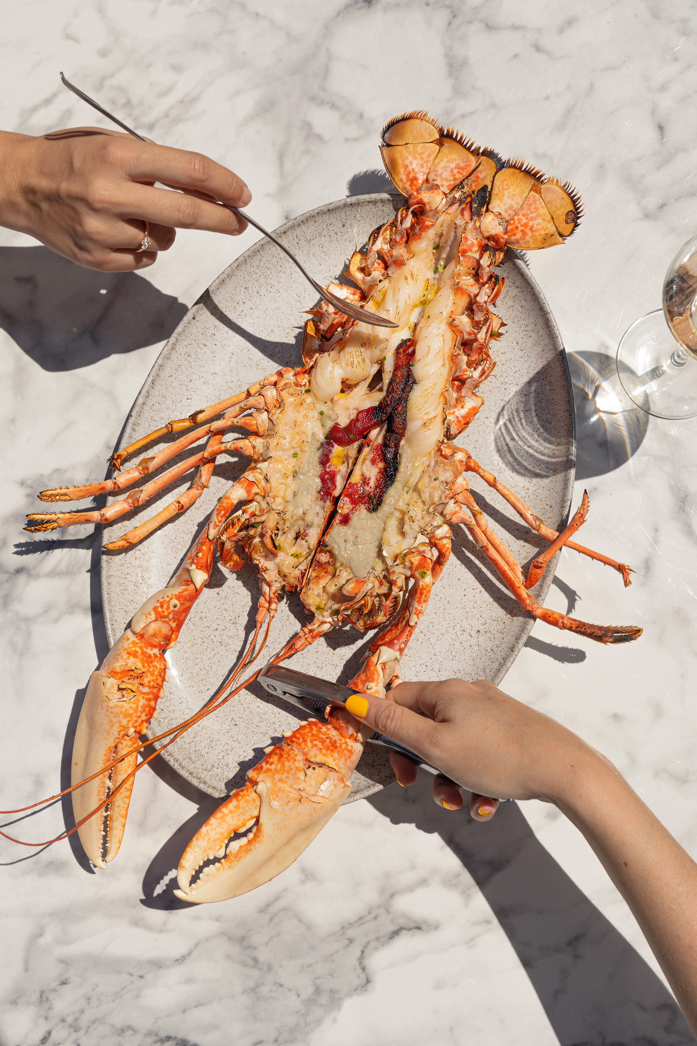 Split grilled lobster on plate, hands cracking claw on marble table.