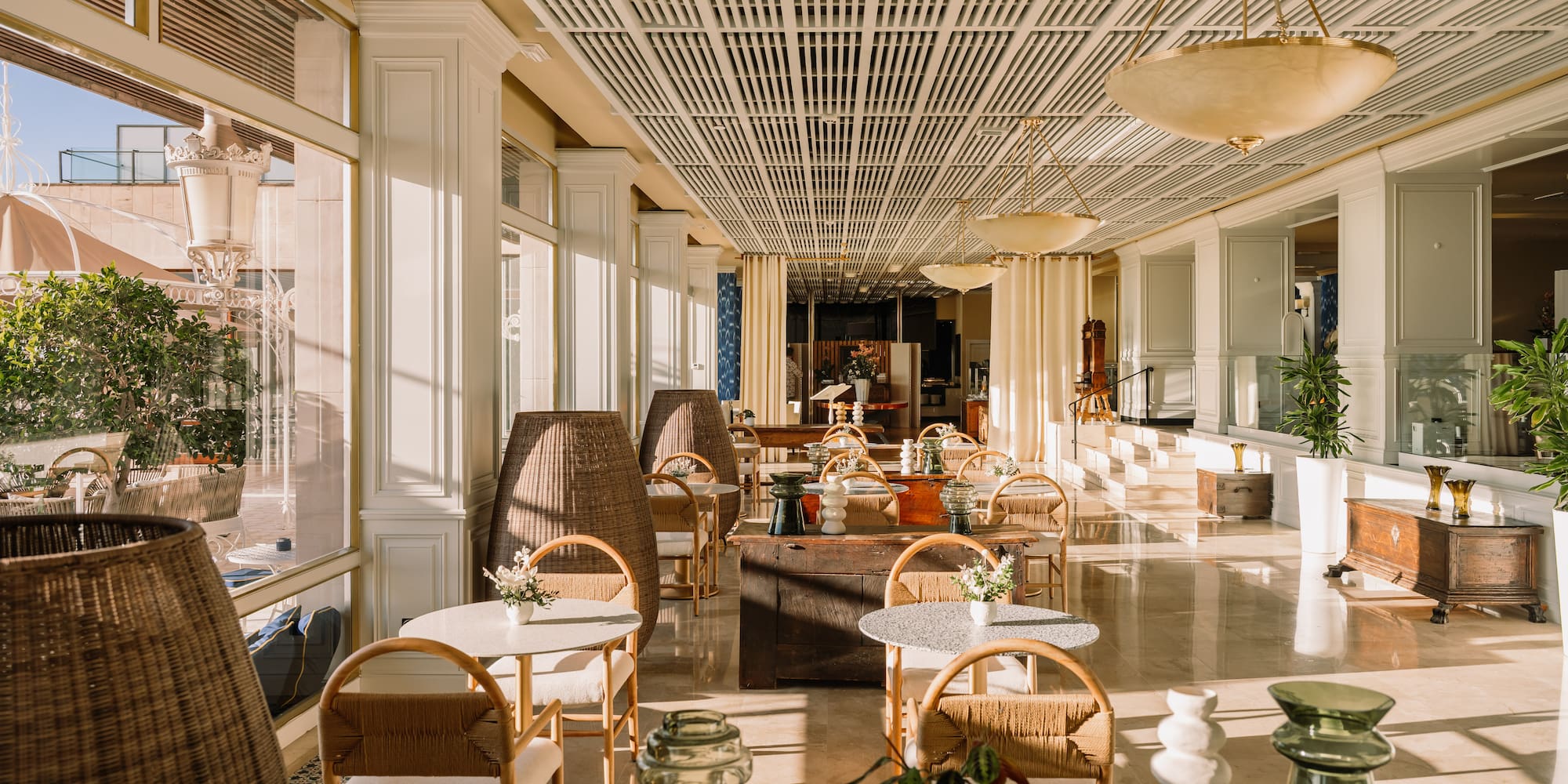 a room with tables and chairs