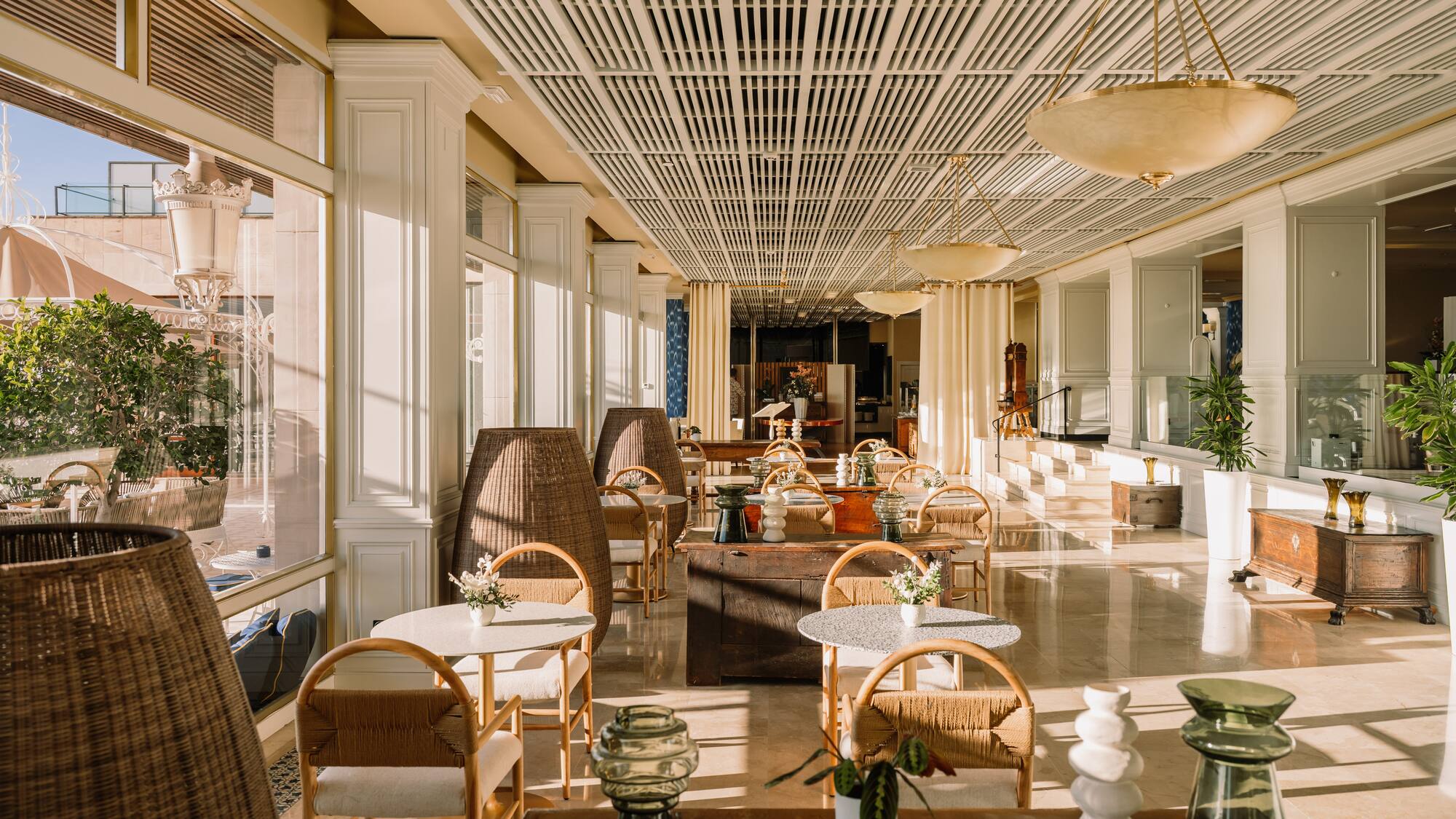 a room with tables and chairs