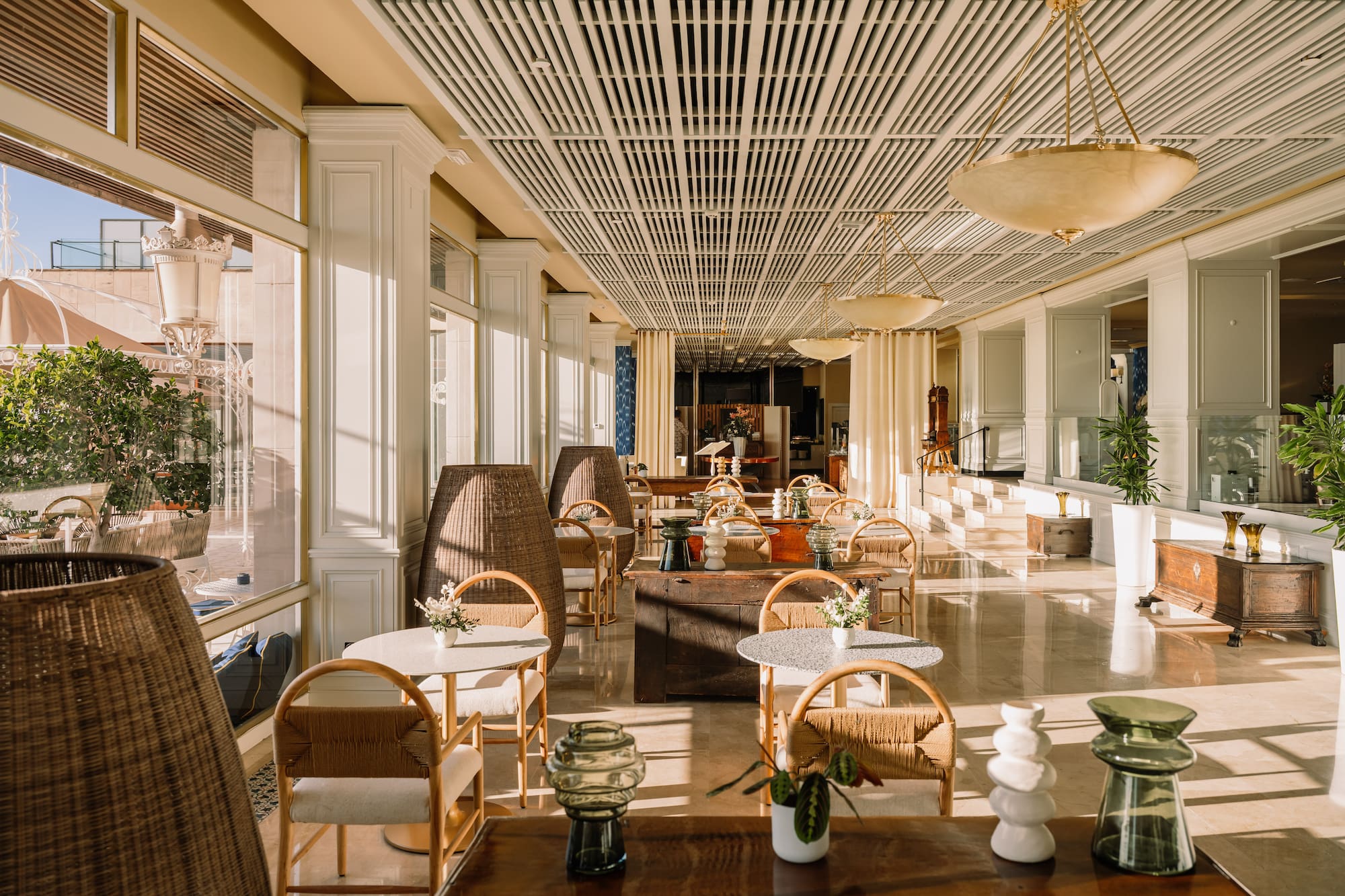 a room with tables and chairs