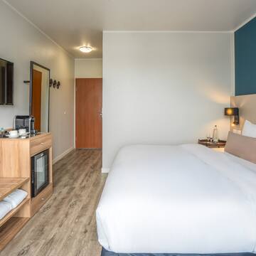 a room with a bed and a television