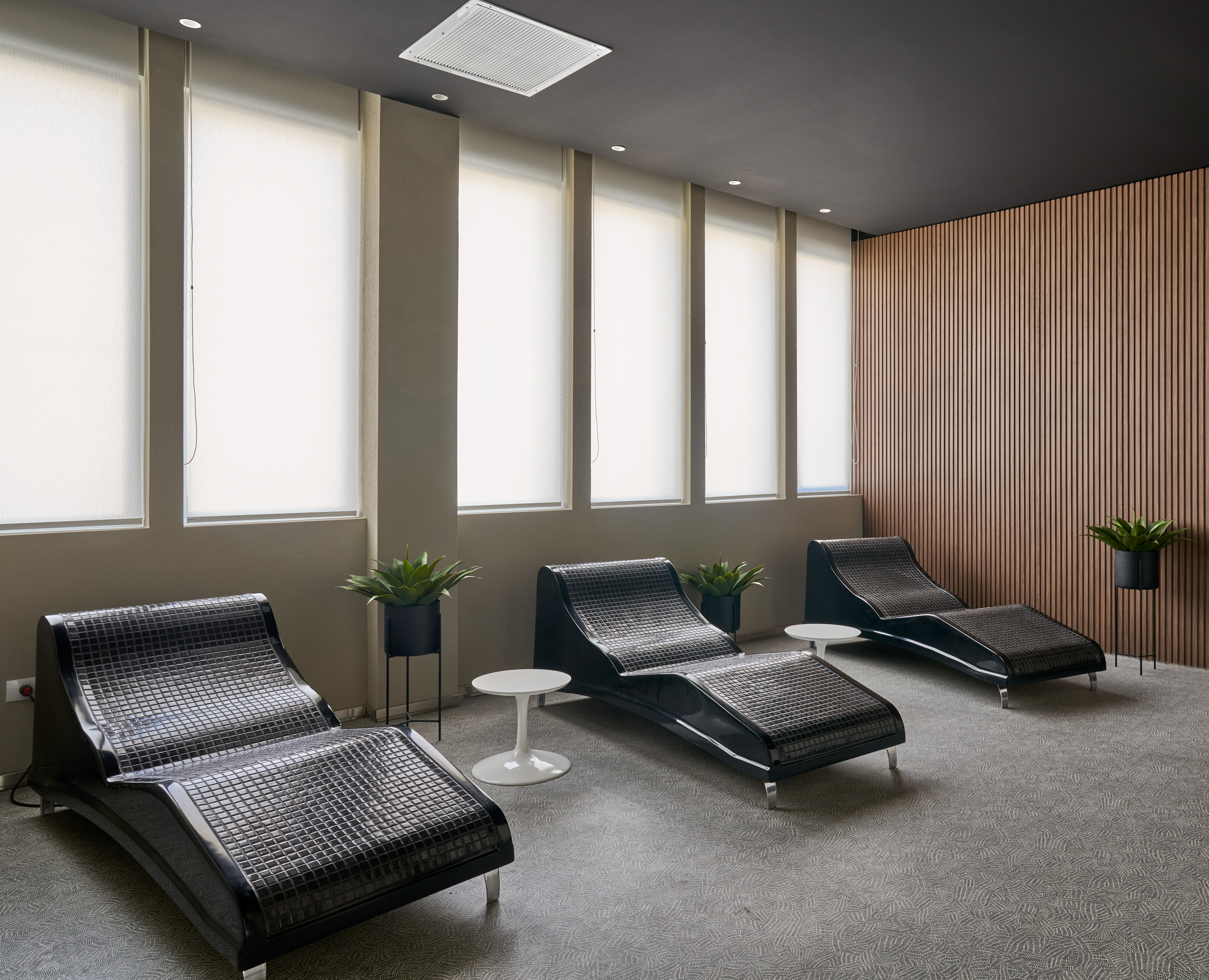 Spa relaxation area with modern black lounge chairs, plants, and wood slat wall.