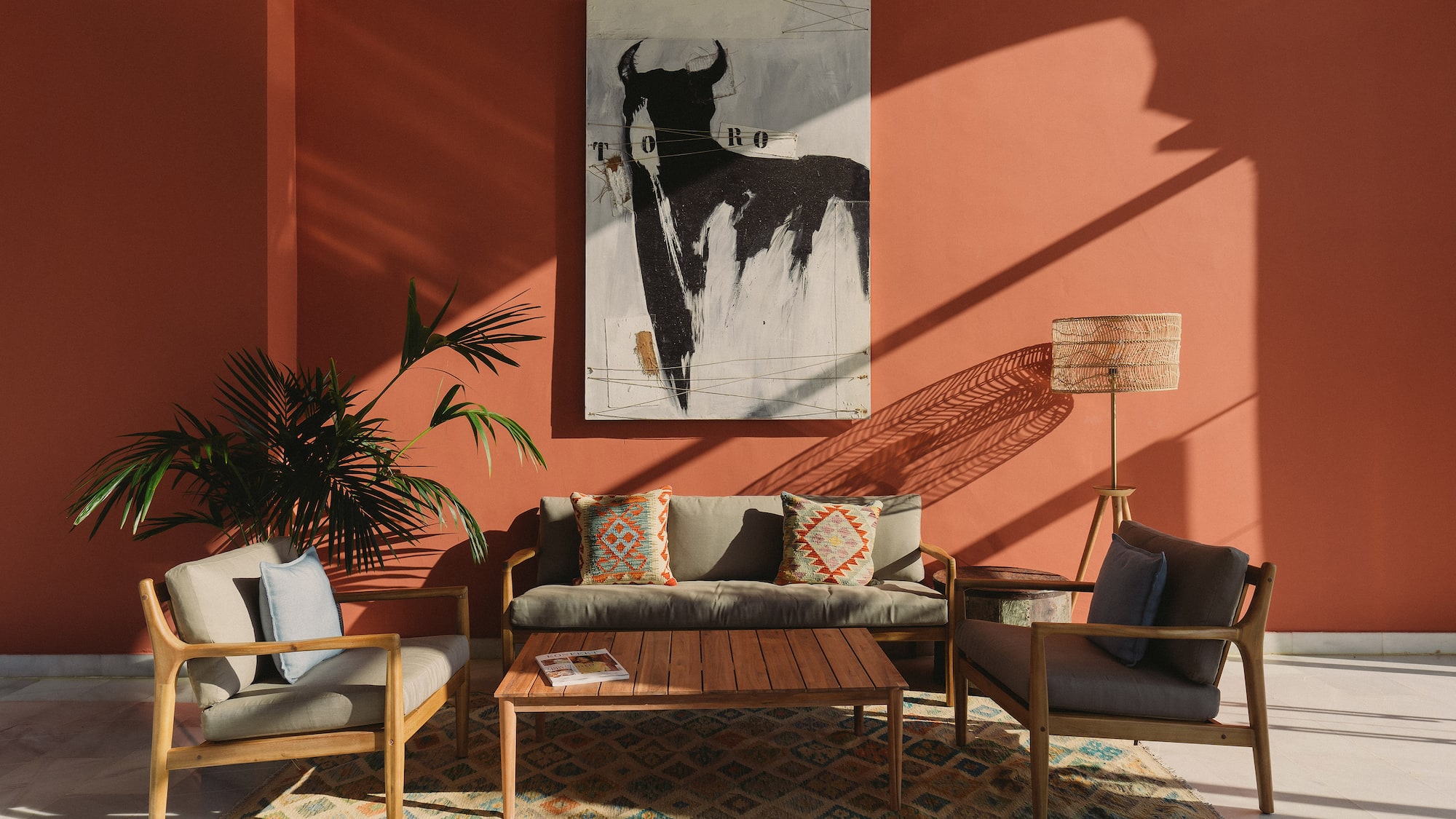 a living room with a couch and a table