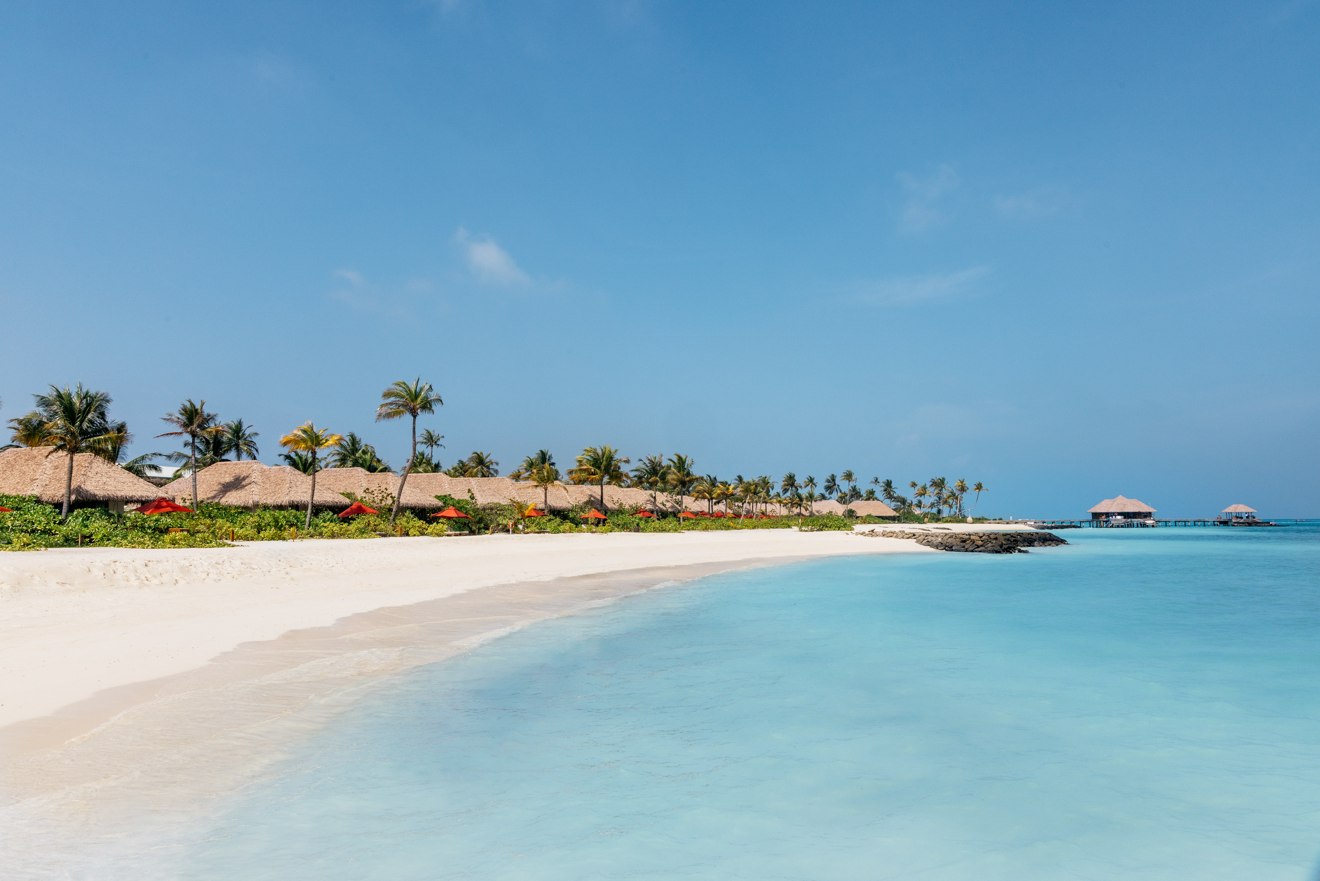 Maldives beach: white sand, turquoise ocean, palm trees, resort bungalows.