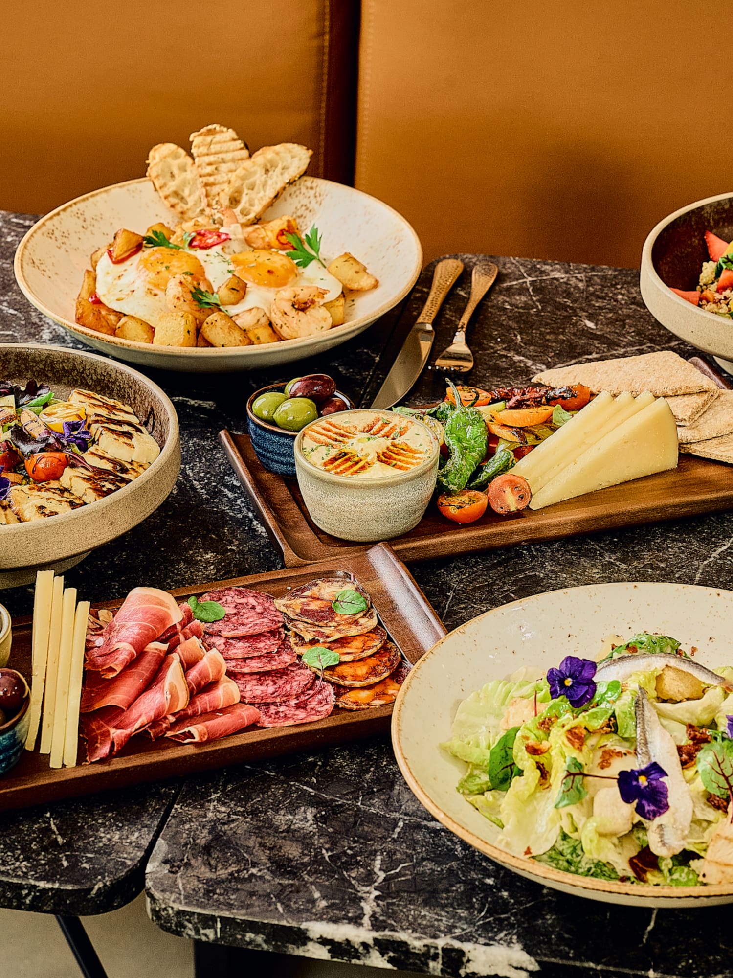 a table with different food on it
