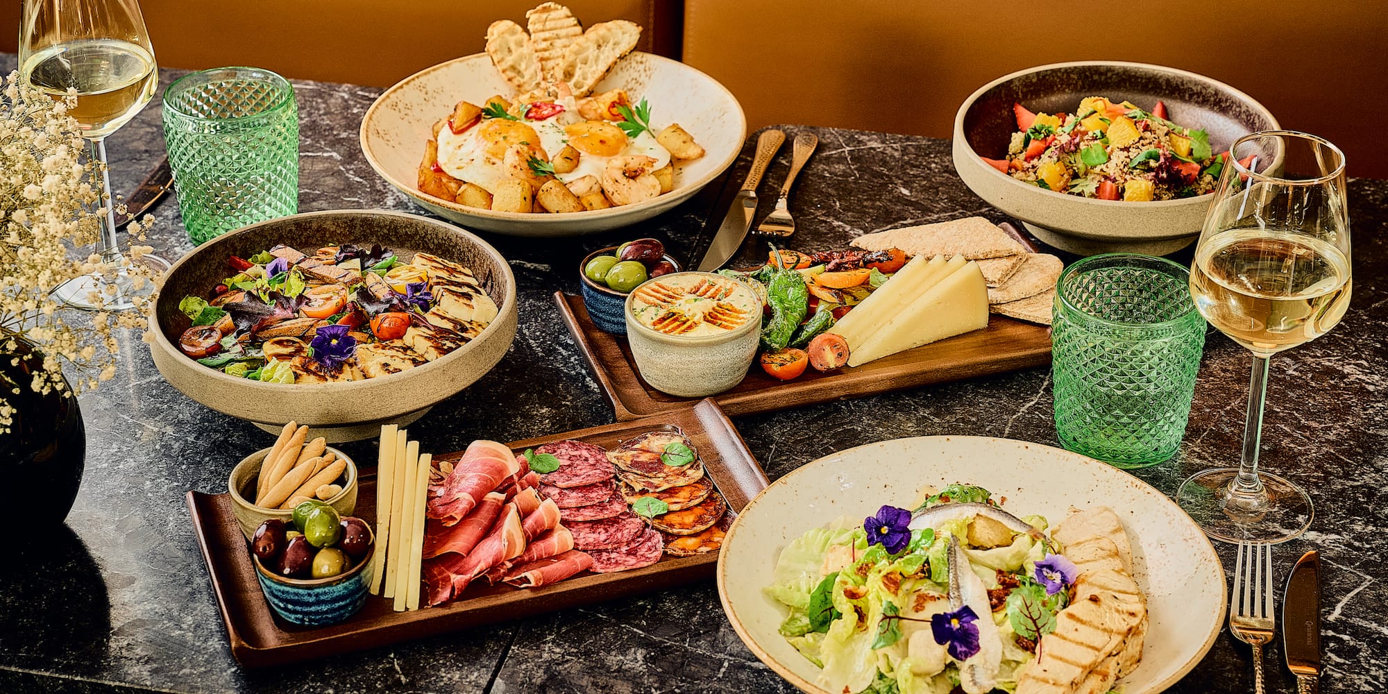 a table with different food on it