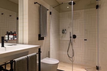 a bathroom with a shower and toilet