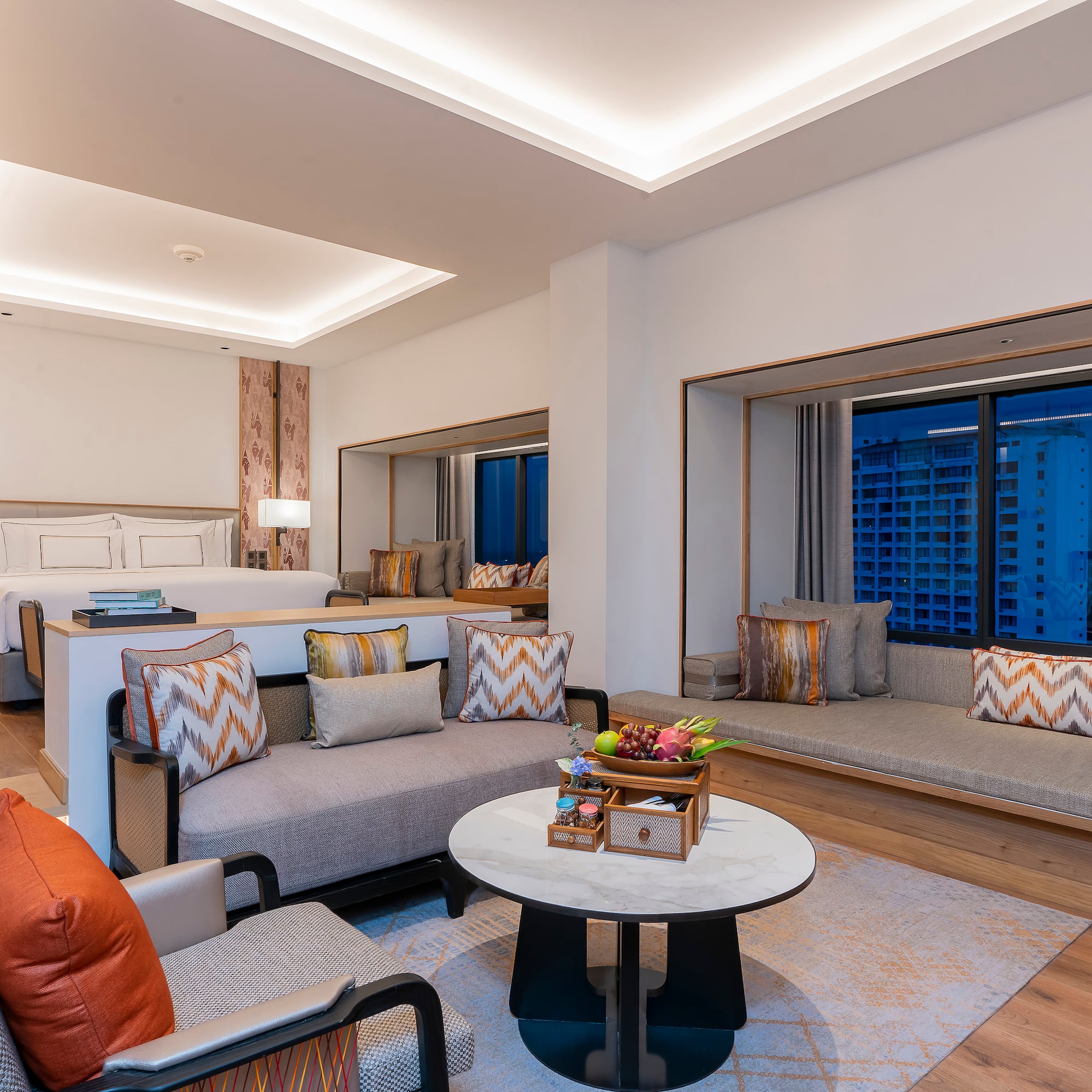 a room with a couch and a table