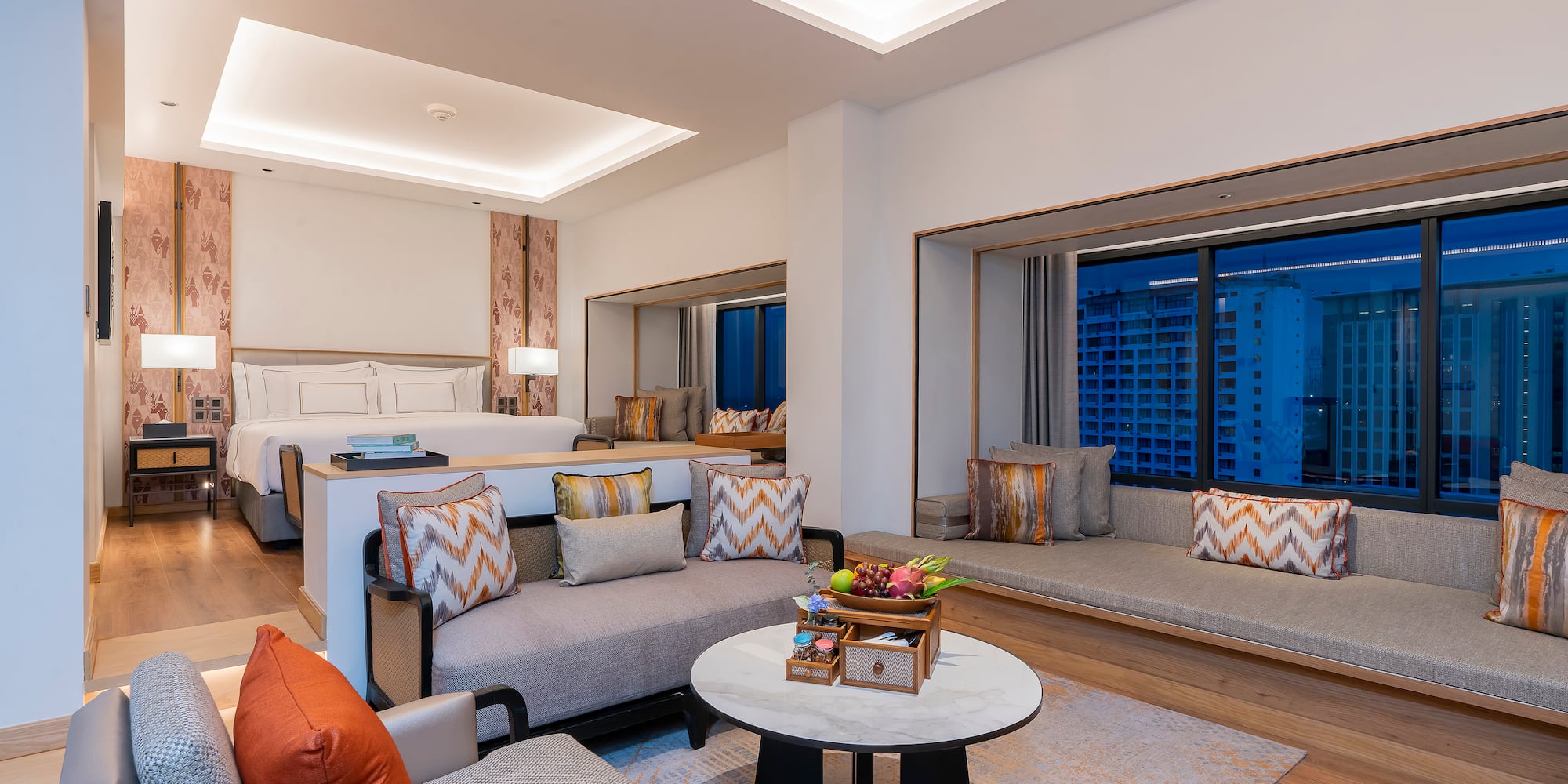 a room with a couch and a table