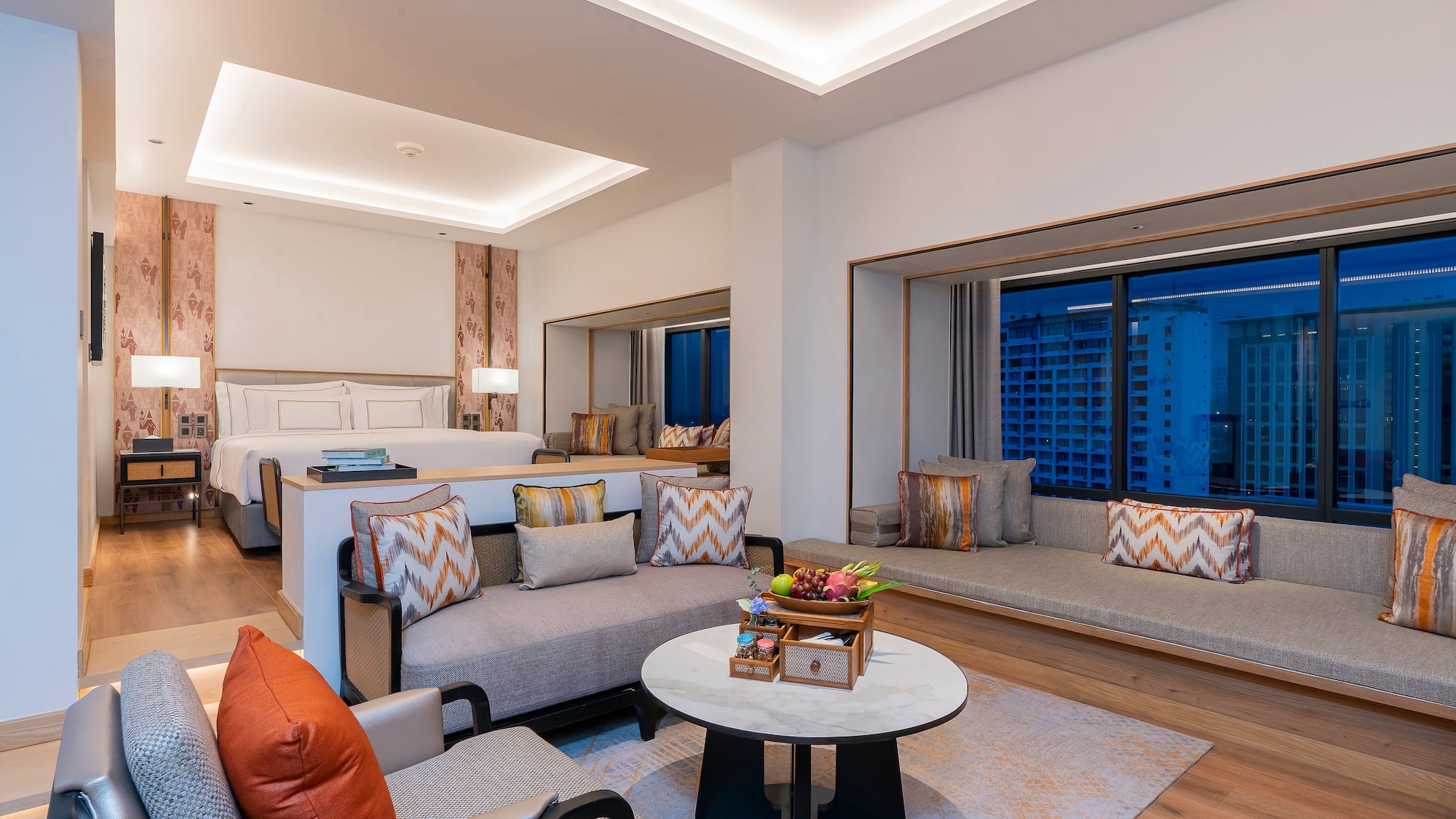 a room with a couch and a table