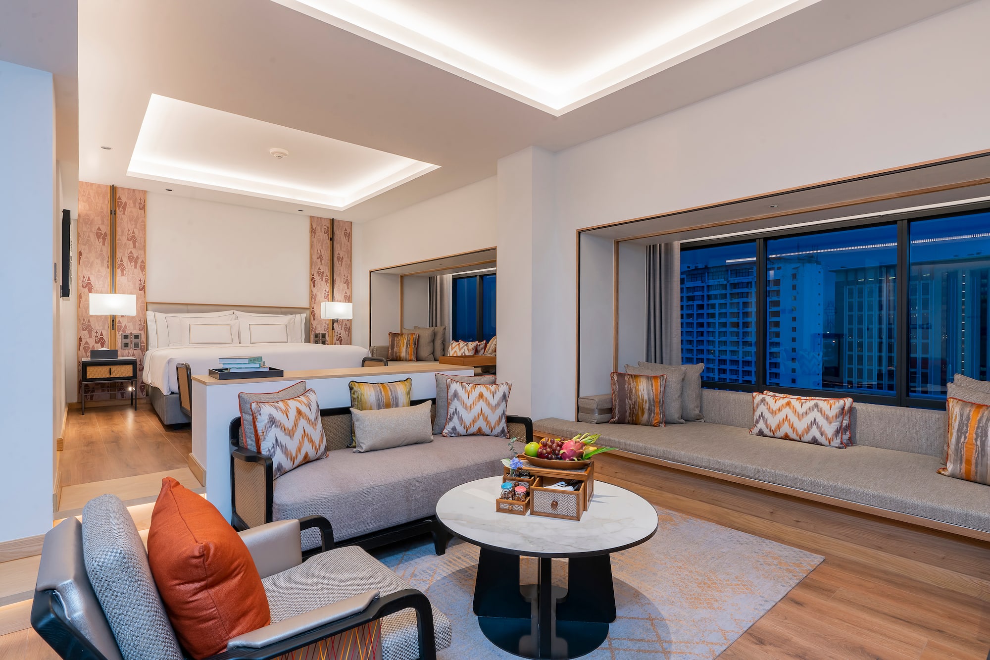 a room with a couch and a table