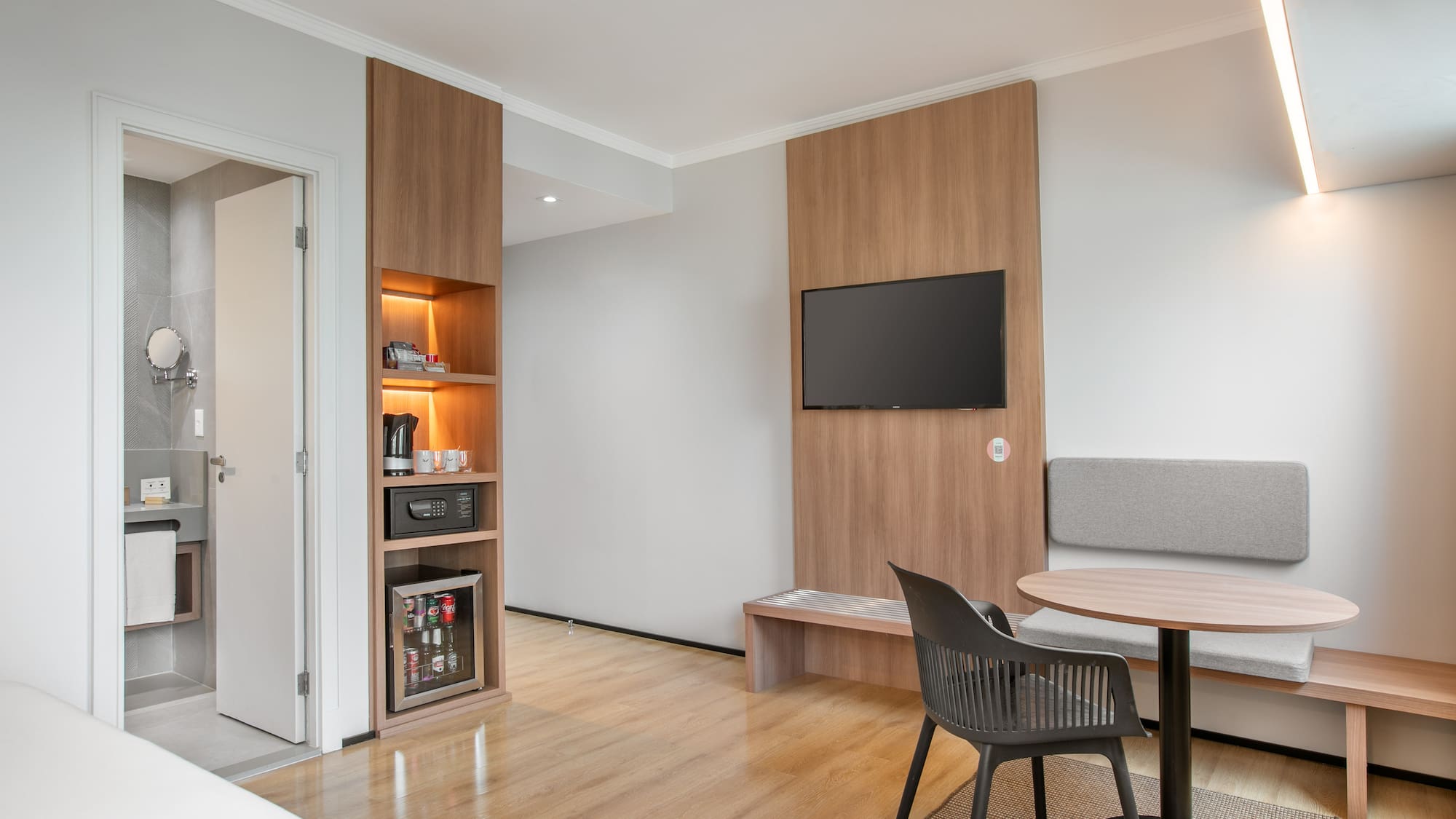 a room with a table and chairs